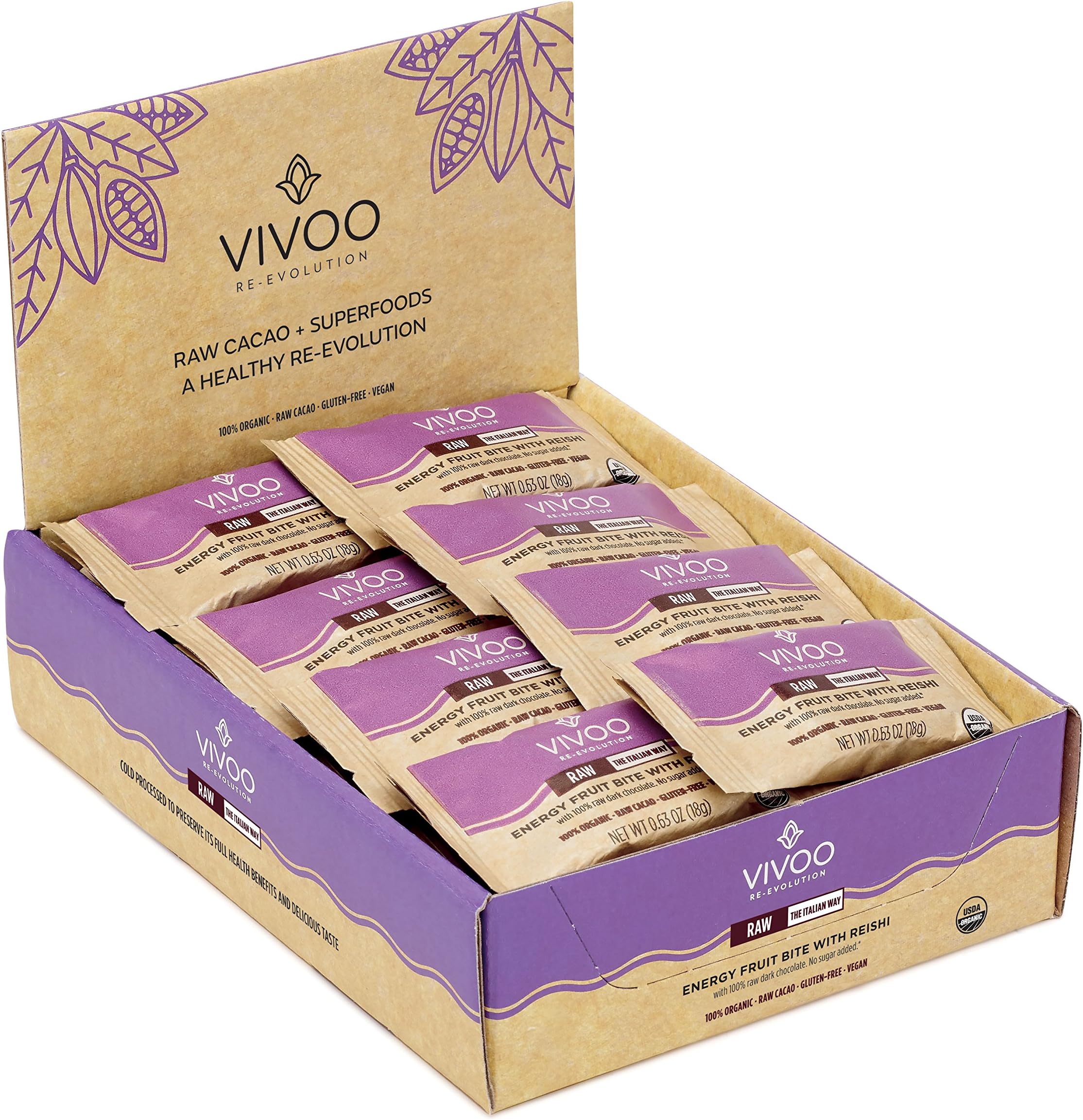 VIVOO Energy Fruit Bite With Reishi And 100% Raw Dark Chocolate| No Added Sugar | Dairy-Free, Soy-Free, Gluten-Free | Non-GMO, Vegan, Kosher | Nutrient-rich in minerals & Fibre|Pack of 24 X 18g