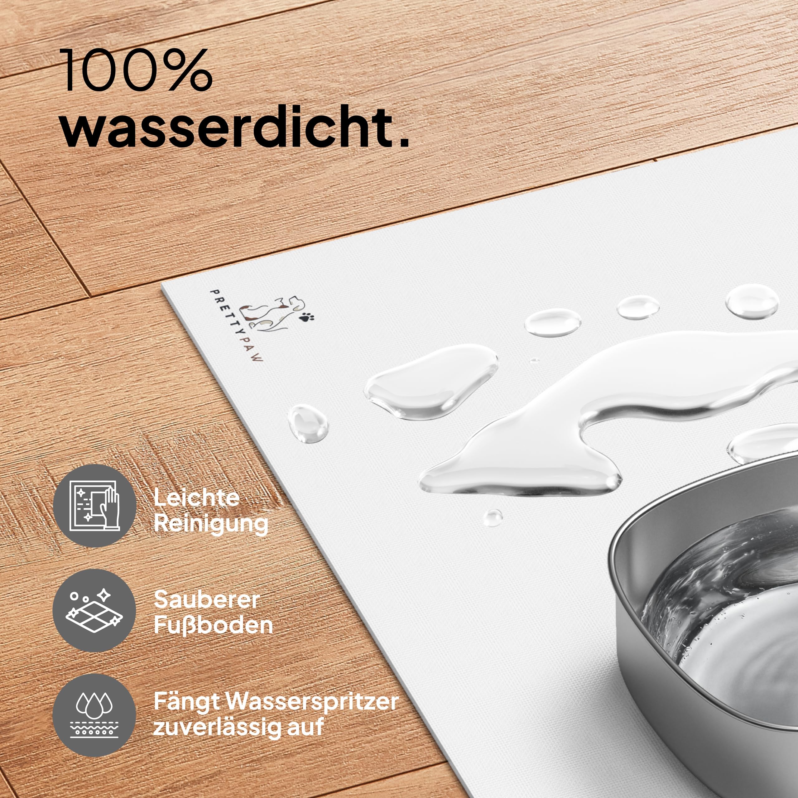Pretty PAW® Napfunterlage Katze 60x40cm – Zubehör für Pretty Paw Trinkbrunnen & Futternapf | rutschfeste & wasserdichte Futtermatte Bodenschutz für Katzen Wassernapf & Fressnapf (Weiß, Extra Breit)