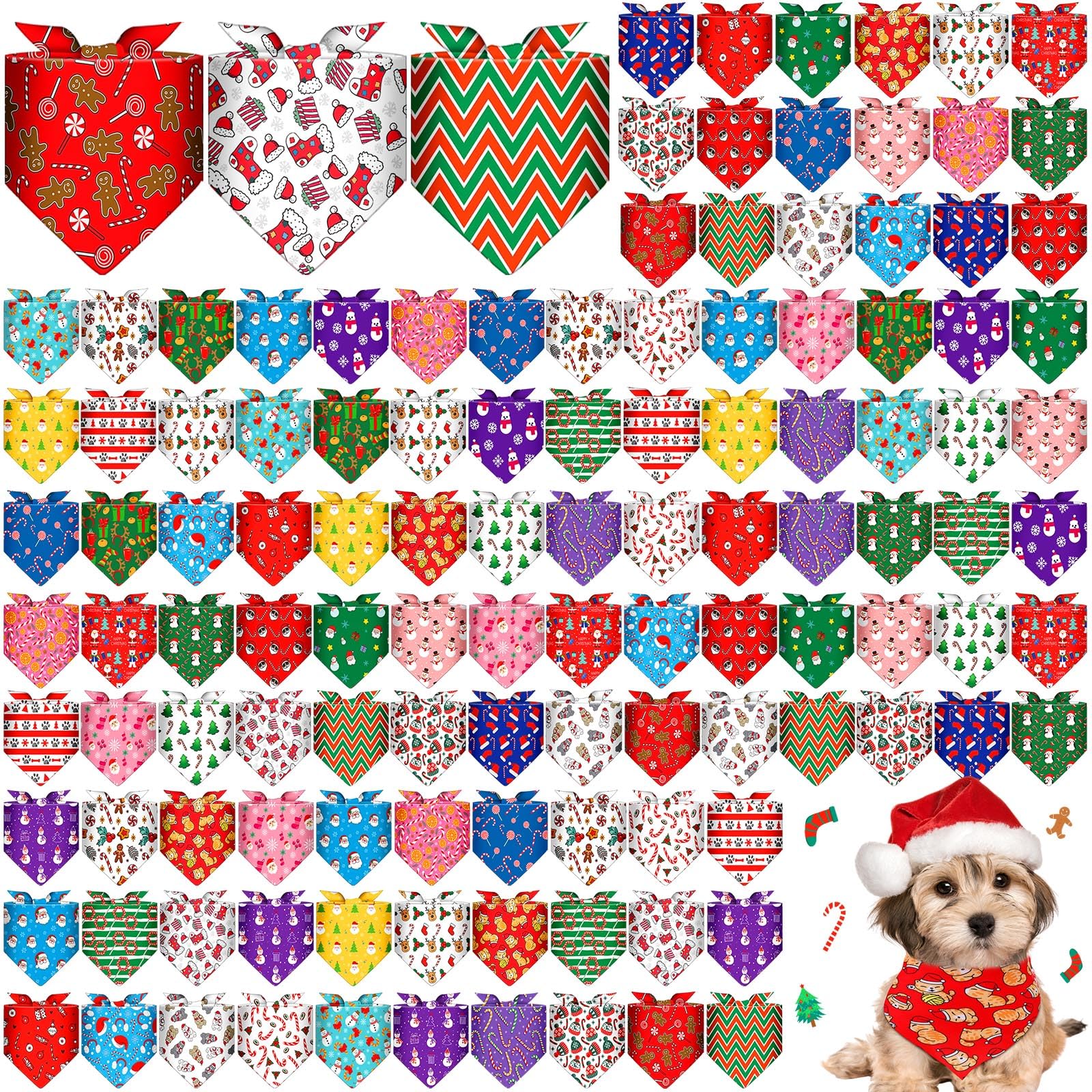 Sanwuta 120 Pcs Halloween Dog Bandanas Bulk Skeletons Pumpkin Bat Skull Ghost Spider Pet Costumes Scarf Washable Pet Scarves Adjustable Bibs for Small and Medium Pets, 30 Styles(Christmas)