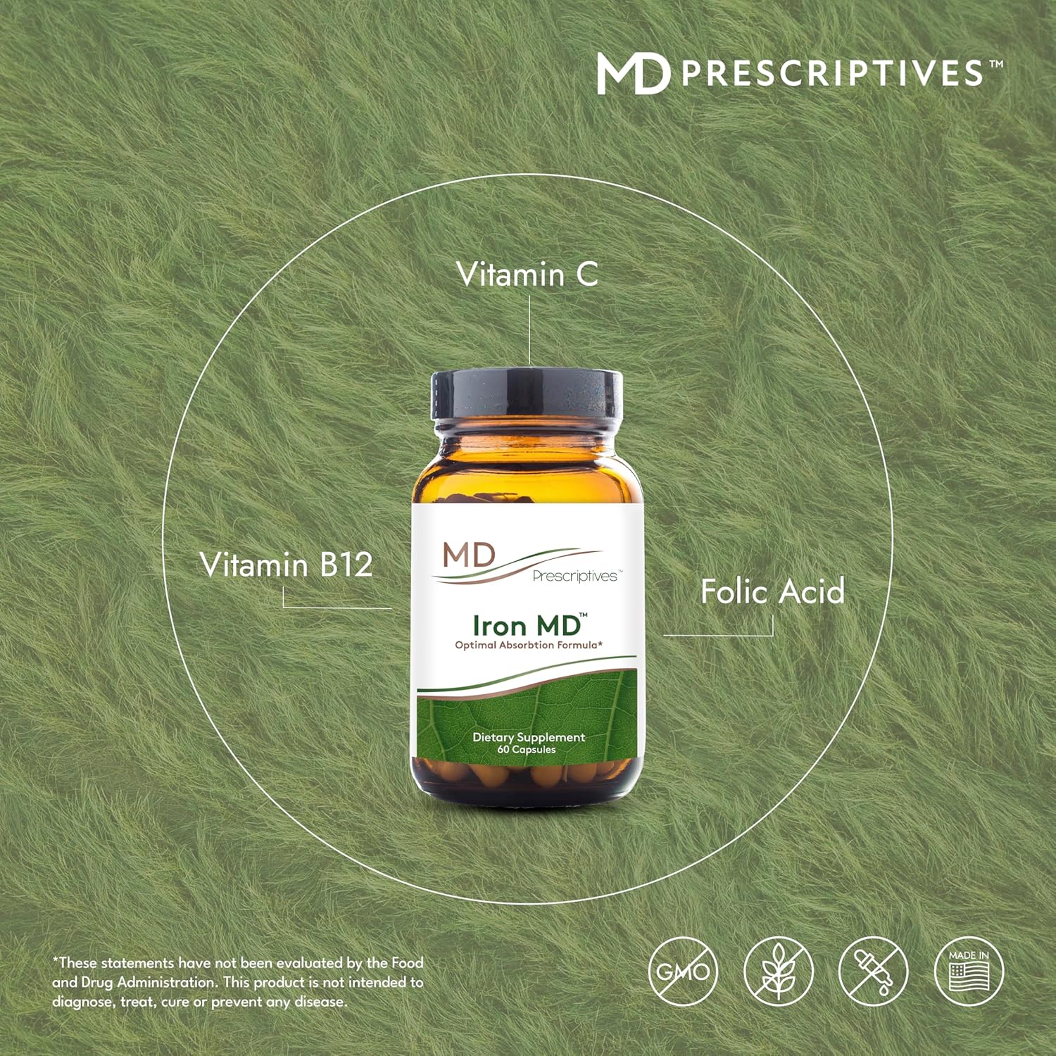 MD Prescriptives Iron MD Capsules - Daily Iron Supplement for Women & Men with Vitamin C, Vitamin B12 & Folic Acid - Optimal Absorption Formula - 60 Veg Capsules