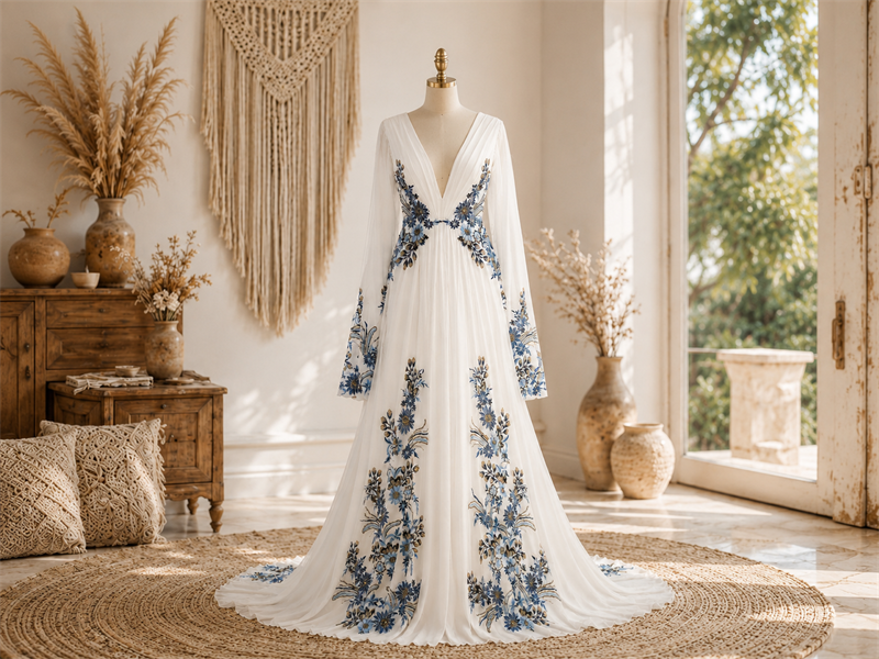 long flower dress for wedding Romantic Flower Lace Long Sleeves Wedding Dress