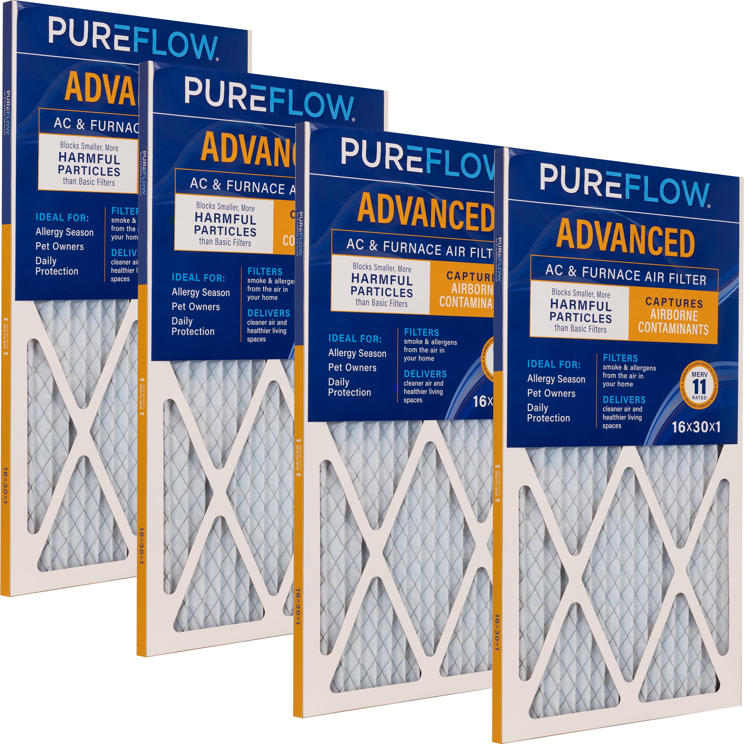 PUREFLOW Home Air Filter MERV 11, 16x30x1 Furnace Filter, 4 Layer High Efficiency Filtration for Dust, Smoke, Fumes, Pollutants (4-Pack)