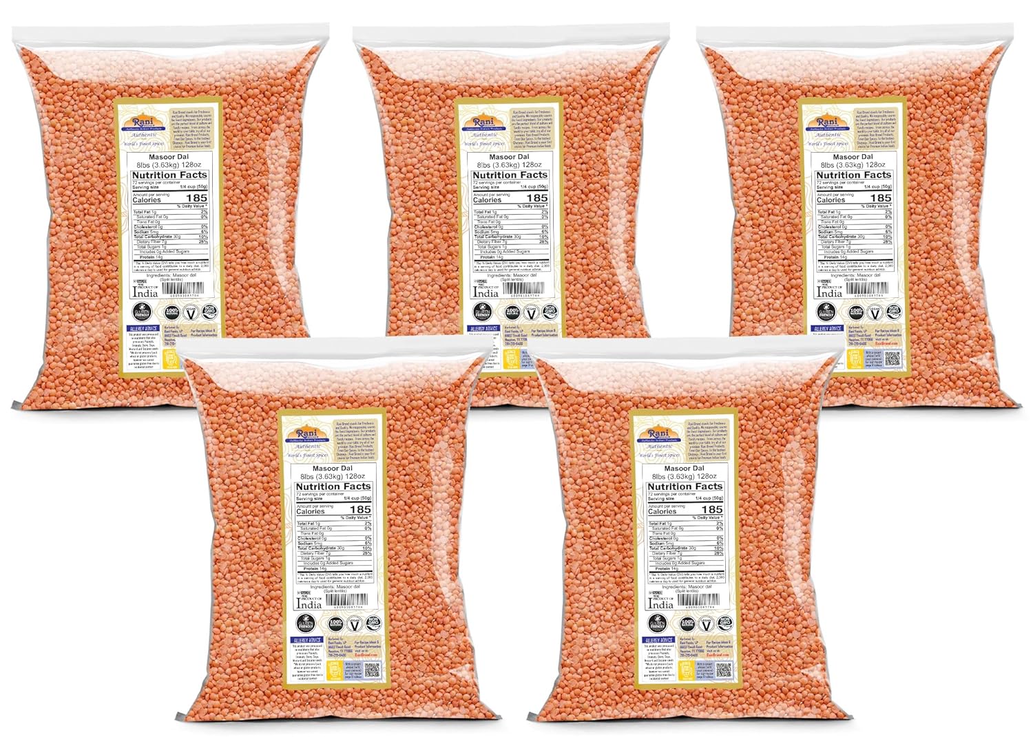 Rani Masoor Dal (Indian Red Lentils) Split Gram 128oz (8lbs) 3.63kg x Pack of 5 (Total 40lbs) Bulk ~ All Natural | Gluten Friendly | NON-GMO | Kosher | Vegan | Indian Origin