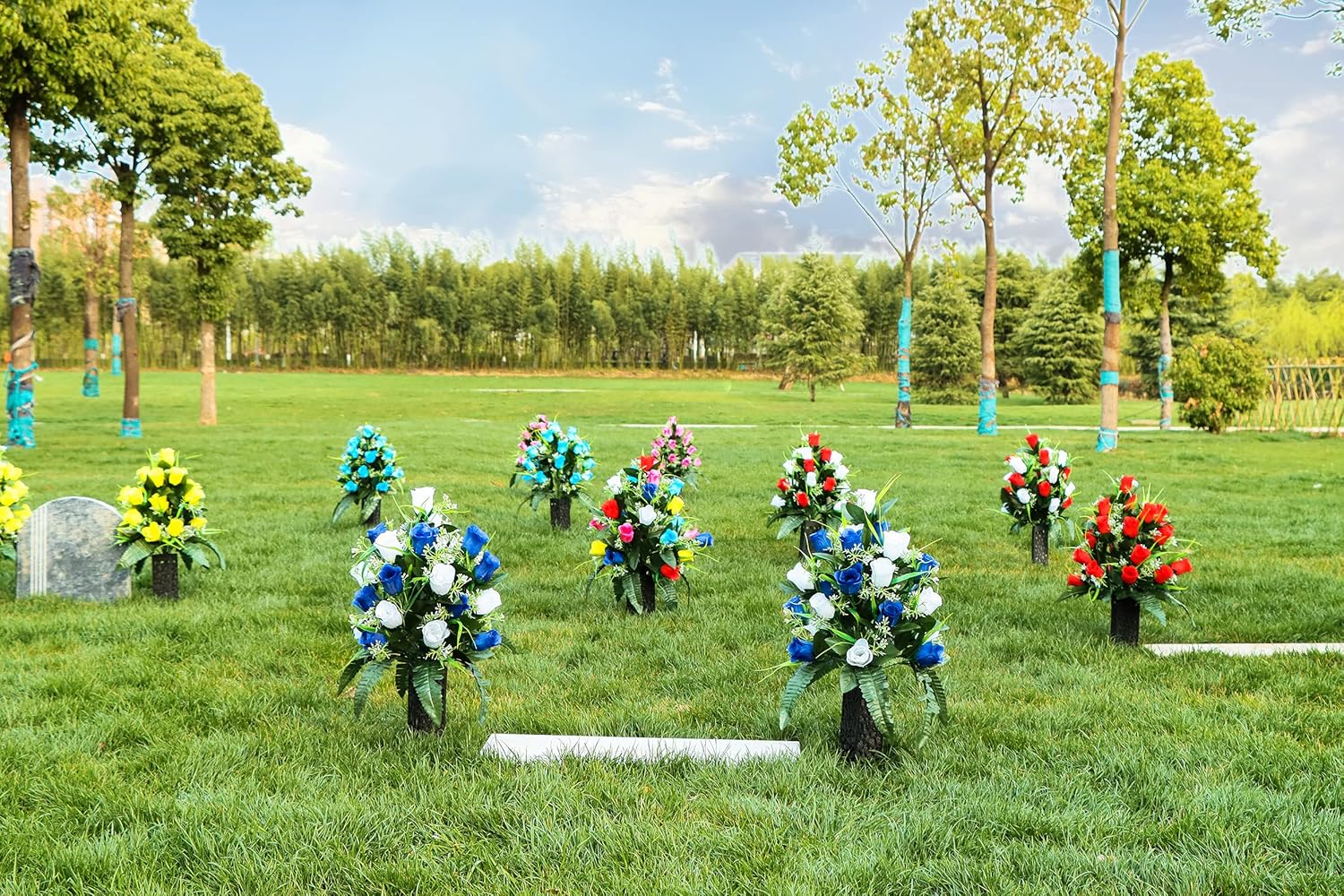 2 Sets Artificial Cemetery Flowers,Outdoor Grave Decorations Roses,Beautiful Arrangements Bouquet with Cemetery Vase,Lasting and Non-Bleed Colors (White+Dark Blue) - Image 7