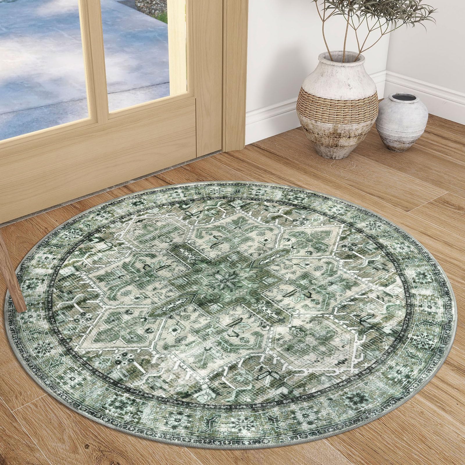 SIILOOM 3' Round Washable Rug for Entryway, Green Soft Printed Area Rug, Non-Slip Kitchen Rugs, Low-Pile Medallion Indoor Door Mat, Small Farmhouse