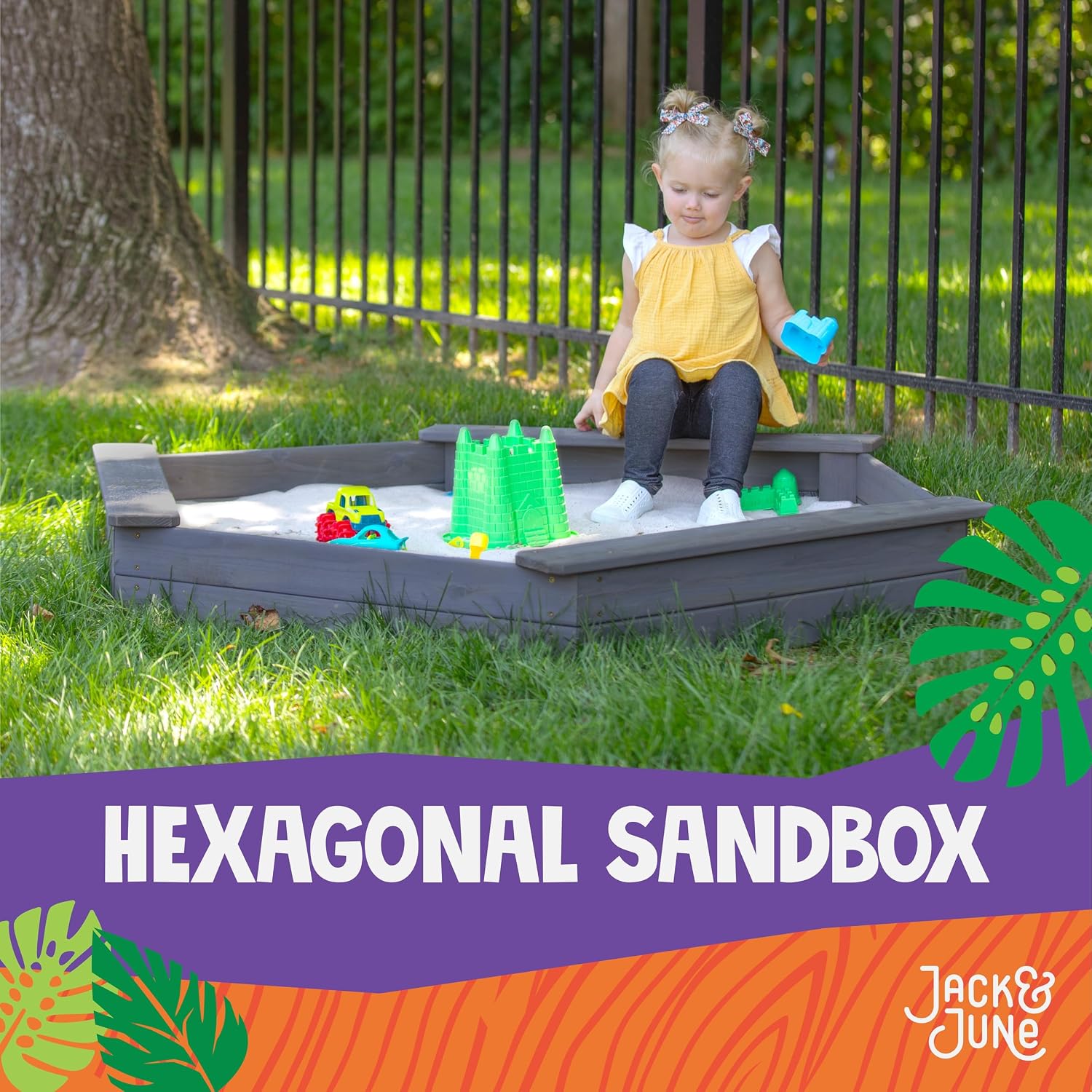 Jack & June Hexagonal Cedar Wooden Sand Box Playset - Adorable, Durable, and Perfect for Imaginative Play