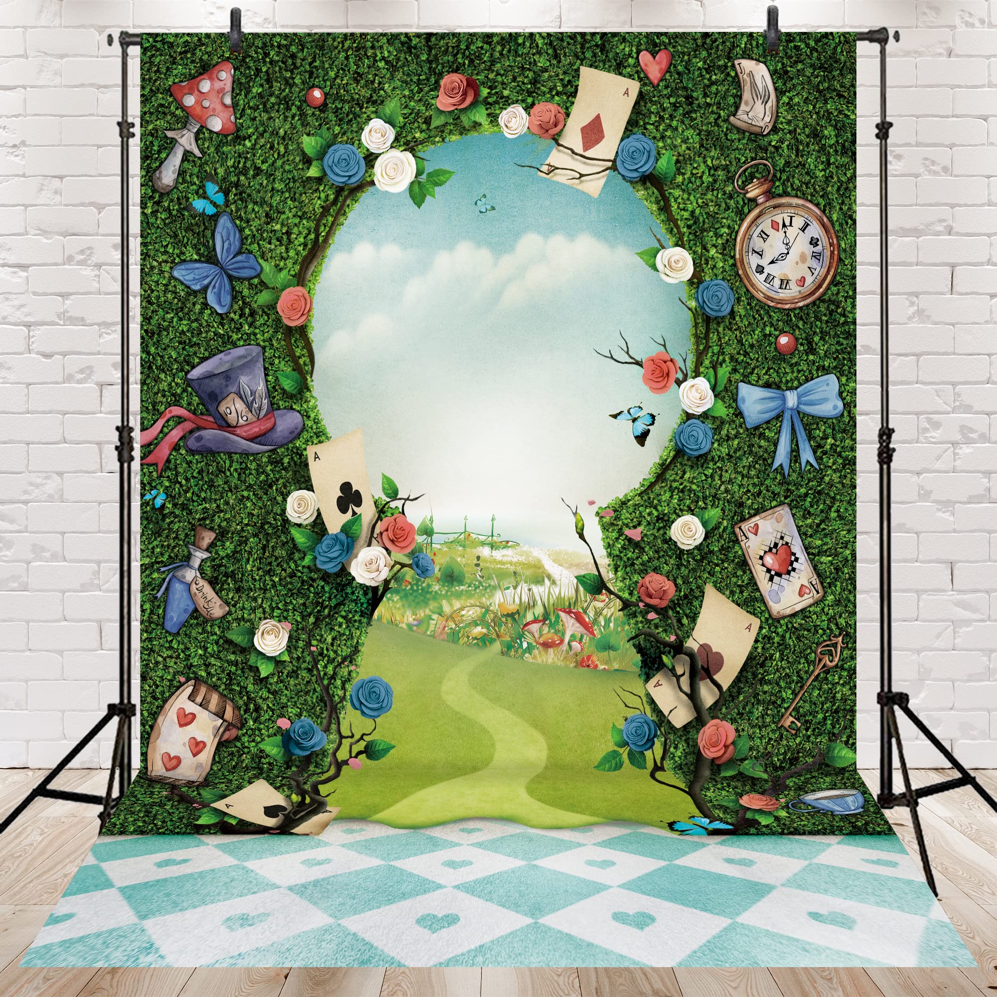 Newsely Wonderland Tea Party Photo Backdrop 5Wx7H Photography Key Hold Checkerboard Green Grass Fence Decorations Background for Newborn Baby Shower