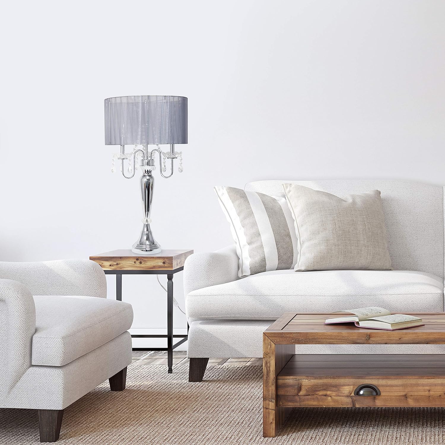 New Deal Elegant Designs LT1034-GRY Romantic Sheer Shade Hanging Crystals Table Lamp, 1 Pack, Gray