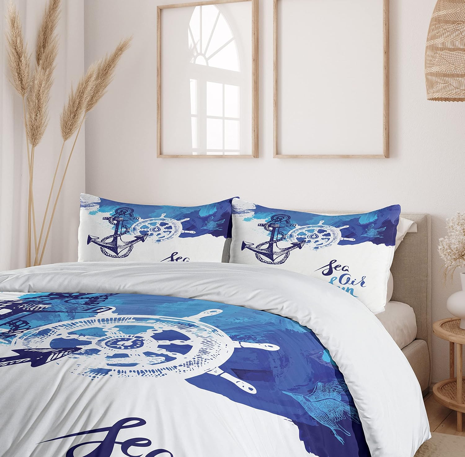 Ambesonne Nautical Duvet Cover Set, Vivid Ocean Back with Paint Effects with Wind Rose and Rudder Cruise Image, Decorative 3 Piece Bedding Set with 2 Pillow Shams, King Size, Shades of Blue King Shades of Blue
