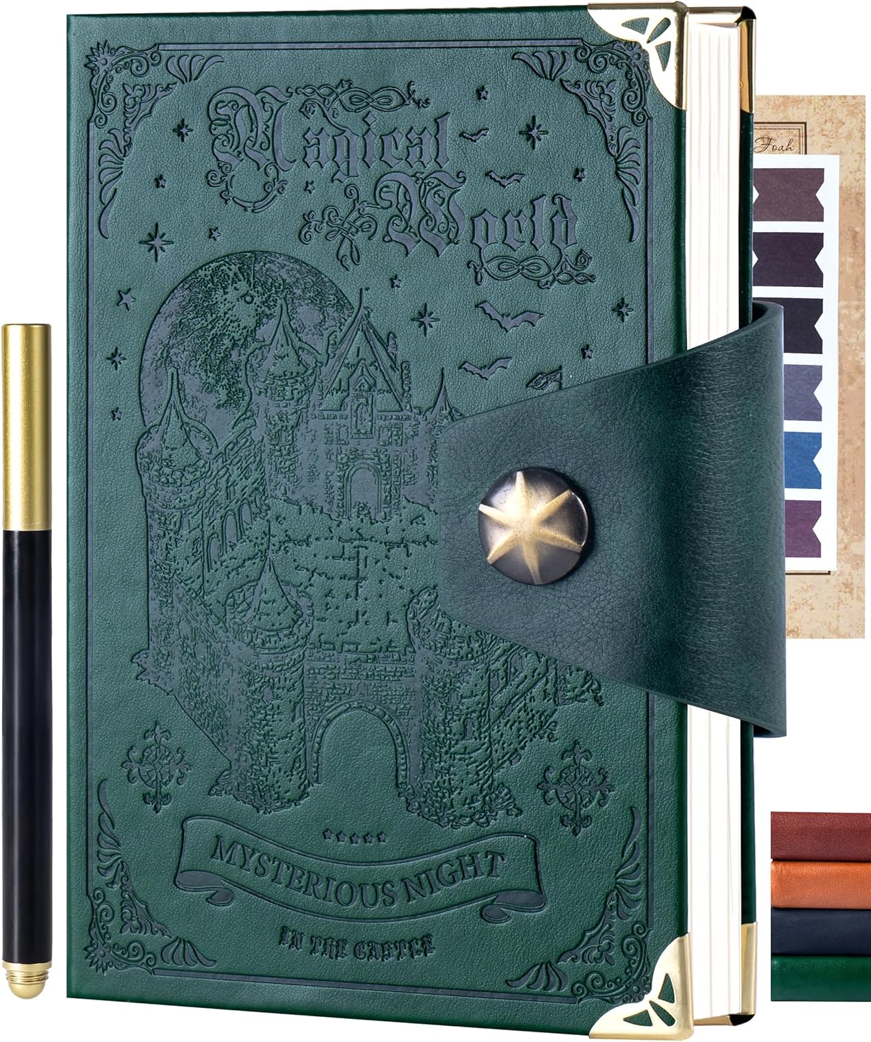 CAGIE Green Leather Journal Gift Set with Pen, Magical World Castle Embossed-Style Lined Journal, 100GSM Acid-Free Paper Writing Diary for Men Women Teens