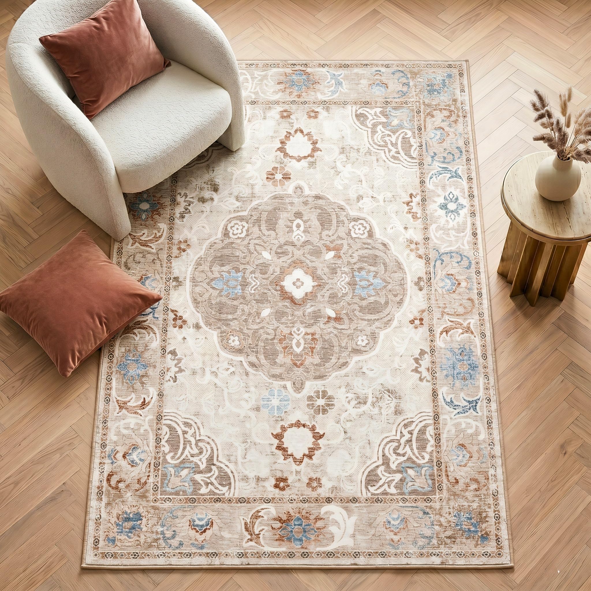 Imperium Homeware Machine Washable Rug, 120x170cm, Non-Slip Backing, Short Pile, Non-Shedding, Pet-Friendly — Area Rug for Living Room & Bedroom, Medallion Warm Ivory with Brown & Blue Accents