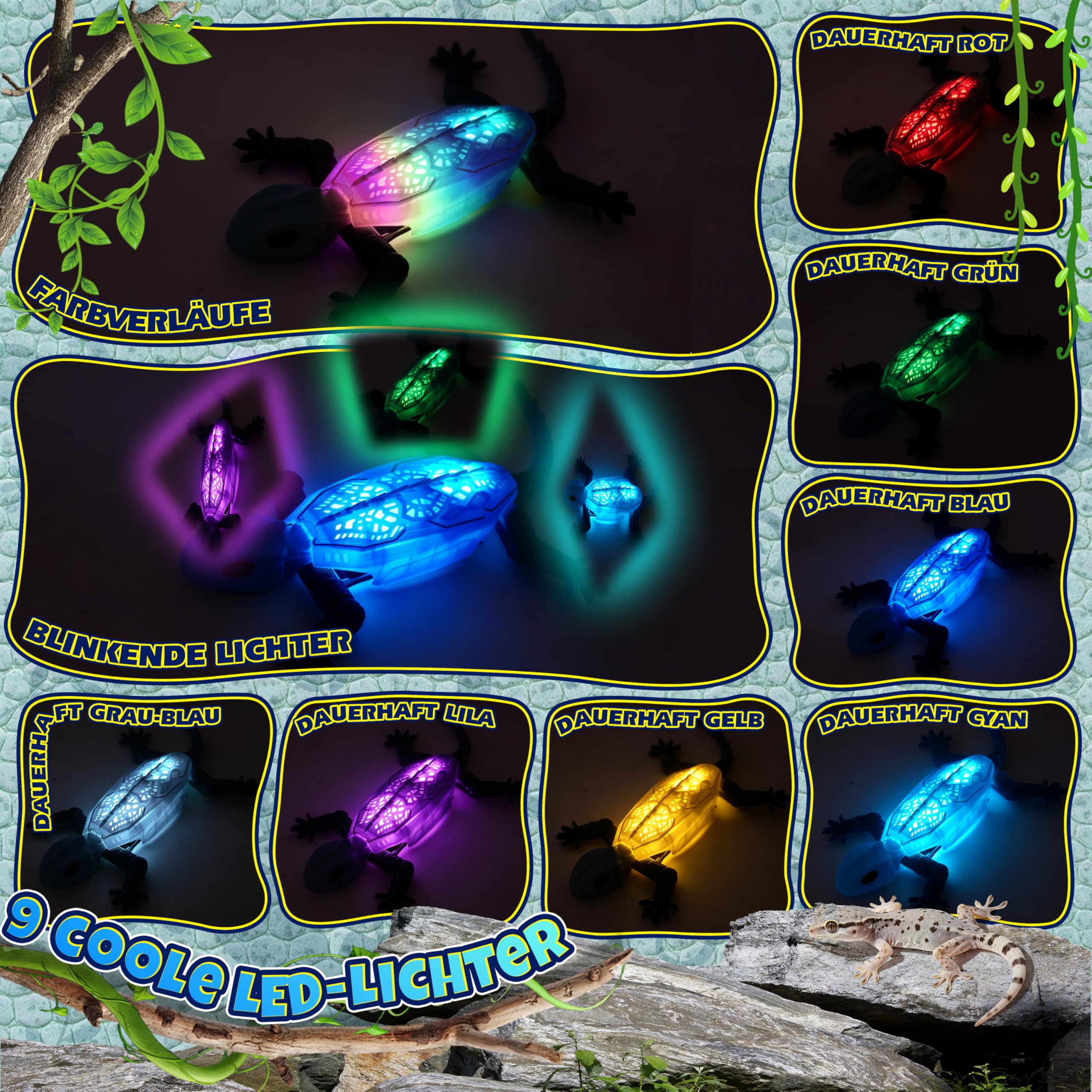 FORMIZON Gecko Wandflitzer mit 9 Beleuchtungsmodi, Ferngesteuerter Gecko an der Wand Spielzeug, Realistische Bewegungen, Interaktives Kinder Roboter Geschenk für Jungen Mädchen ab 3 Jahren (Blau)