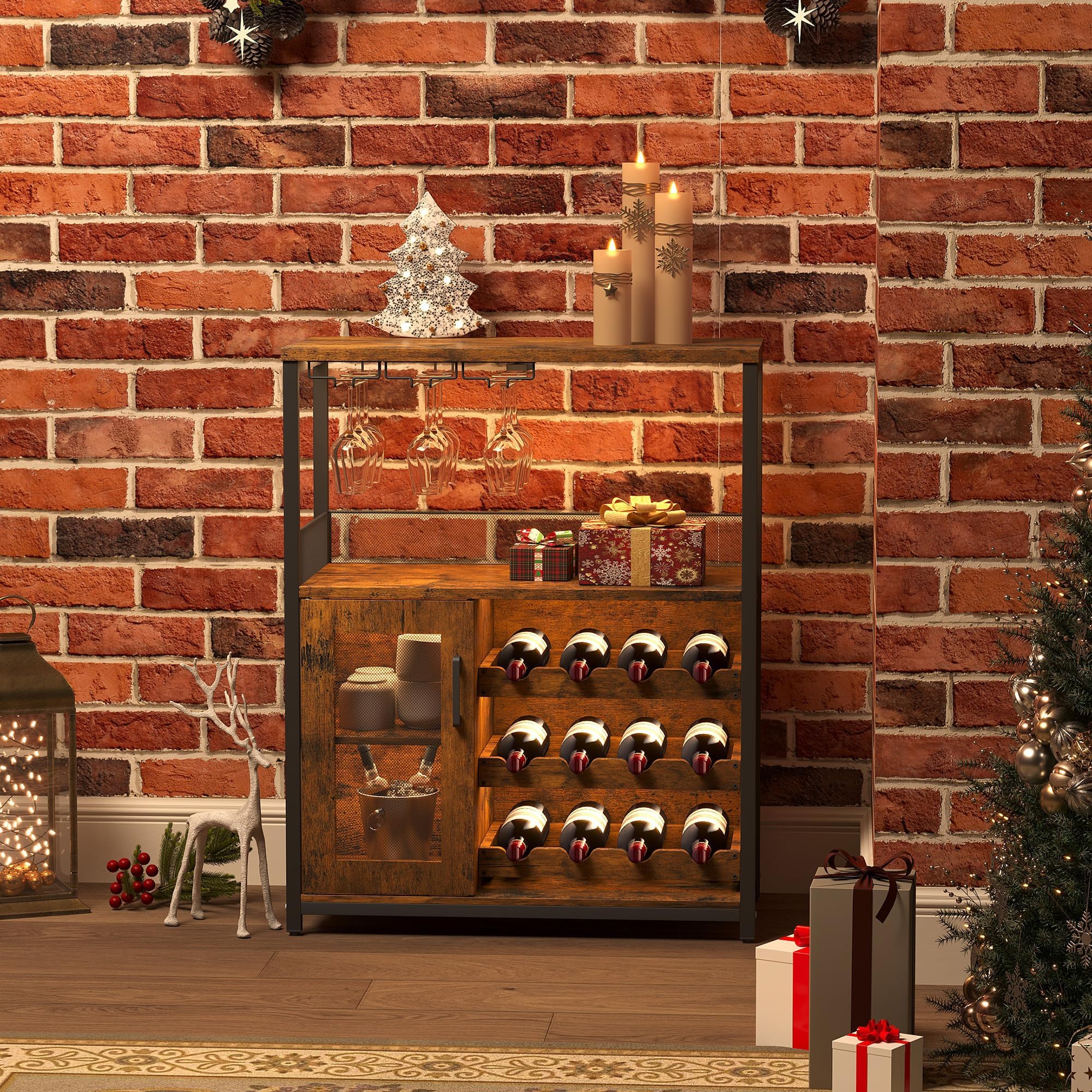 Buffet Rangement à Vin en Bois Armoire de Cuisine 60 cm Meuble de Bar à Vin avec LED Armoire Haute 3 Niveaux Rétro Industriel Étagères Réglables Porte en Métal grillagé Tiroir Amovible Rangement Brun