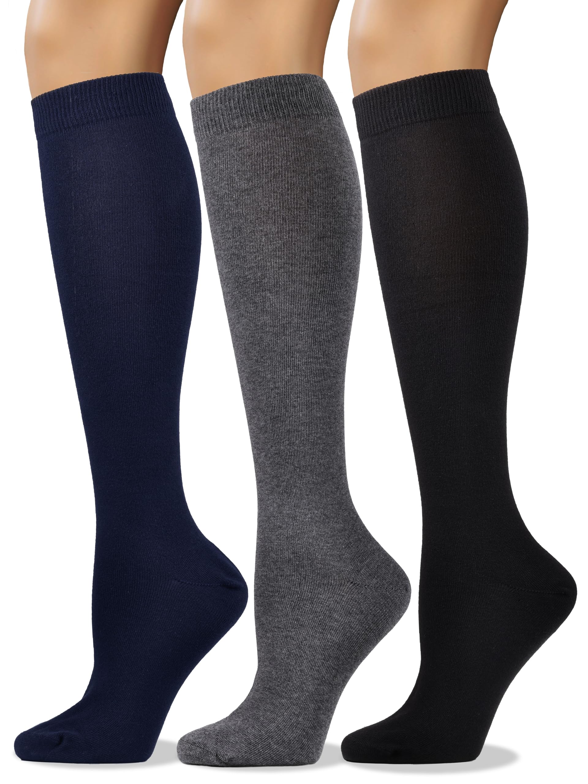 Women's Soft Combed Cotton Knee High Long Calf Dress Socks Seamless Toe Black White Gray Navy Blue Brown