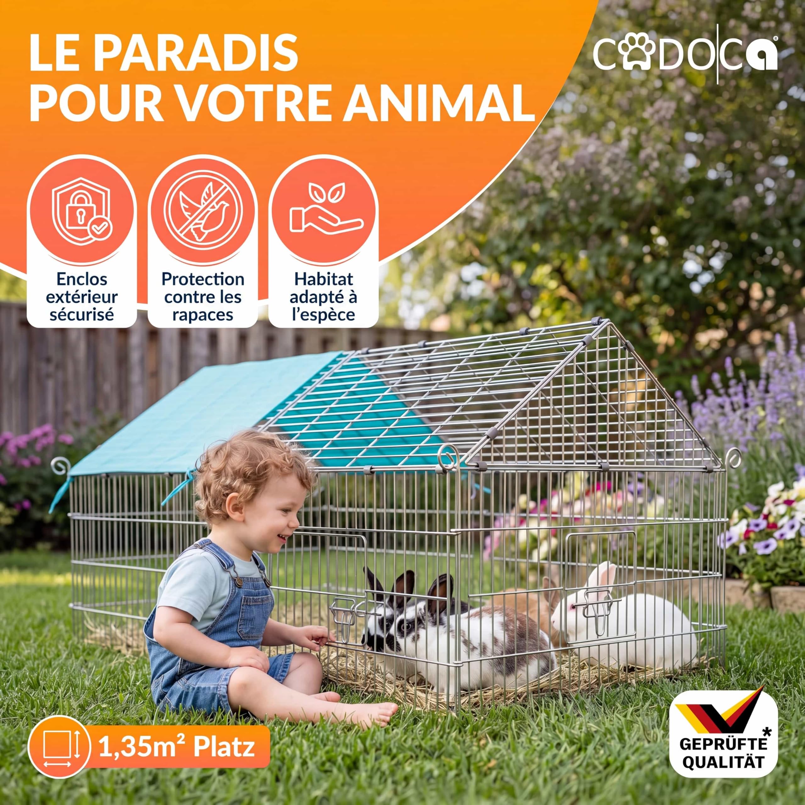 Cadoca Enclos pour Lapin Vert en Métal - Cage Extérieure 180x75 cm avec Toit Amovible et Bâche Protection UV