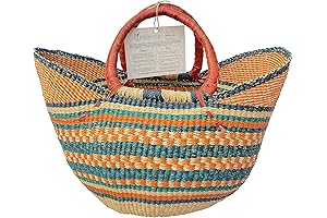 Deluxe Large Colorful African Shopping Basket with Leather Handle - Classic Heartwood...