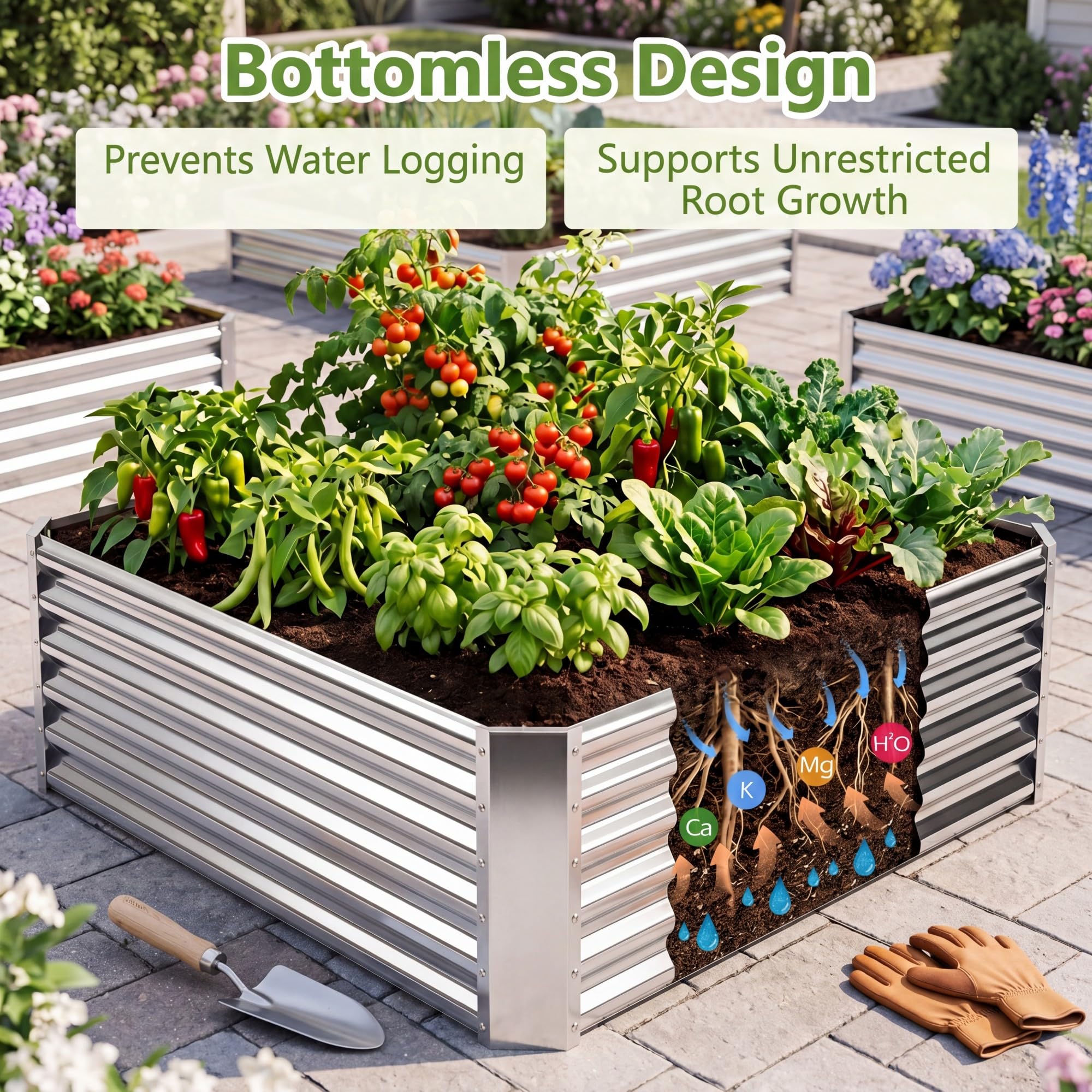 HOMASIS Hochbeet, rechteckiges Gartenbeet aus verzinktem Metall, Pflanzkasten mit offenem Boden, Blumenkasten für Gemüse & Blumen, Gemüsebeet für Garten & Terrasse, Silber (124 x 124 x 44,5 cm)