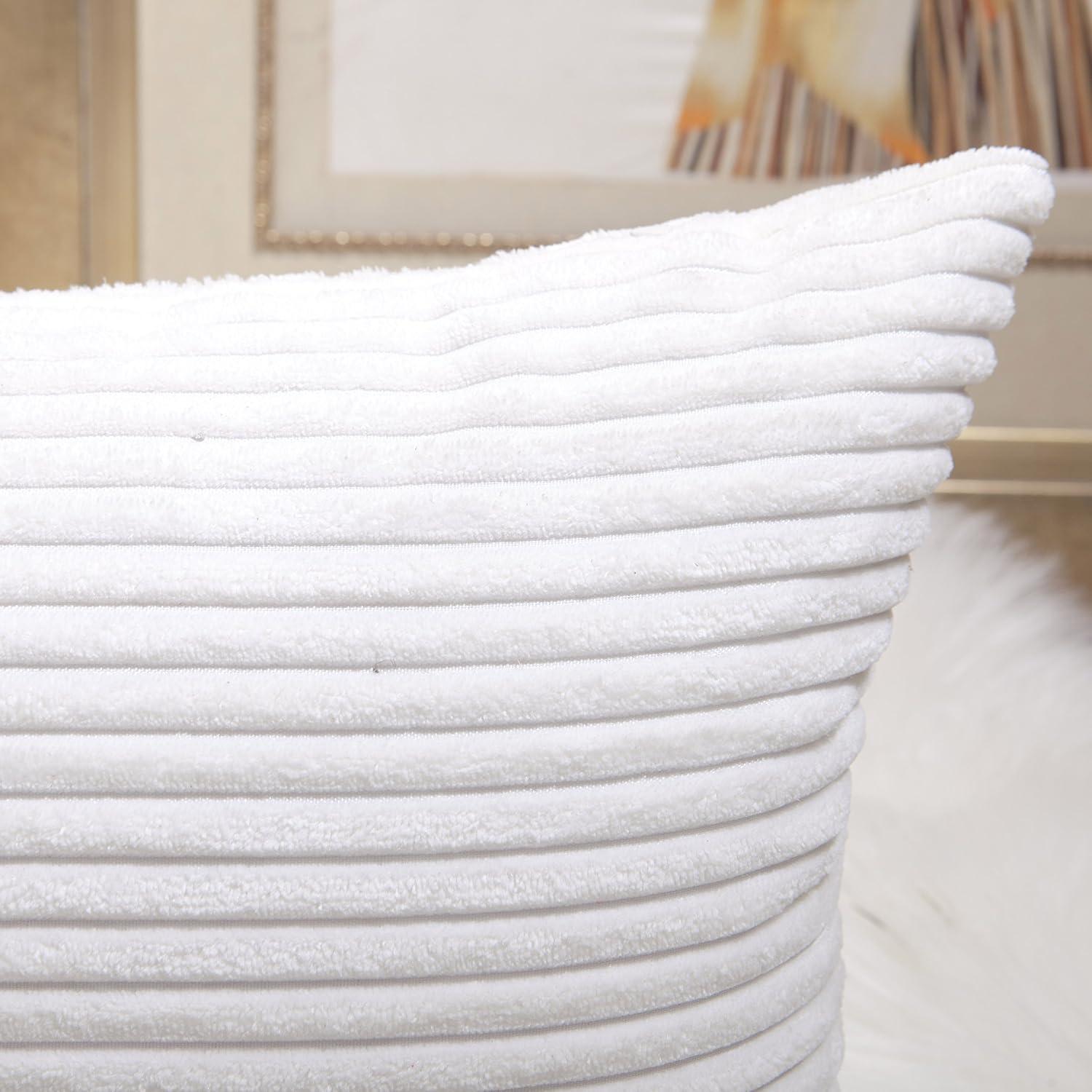 Home Brilliant White Cushion Covers 45cm x 45cm Striped Corduroy Velvet Handmade Throw Pillows for Sofa Supersoft Decorative Pillows for Bed Creamy White - Image 4
