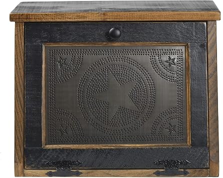 Rustic Wood Bread Box Large Kitchen Counter Storage Punched Star Tin Primitive decor Interior Shelf Wooden Country Farmhouse Breadbox (Antique Black)