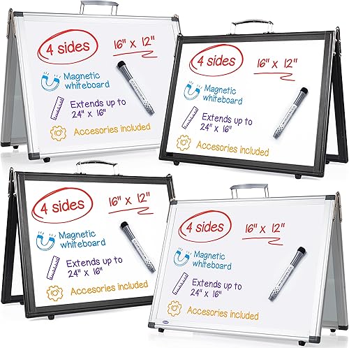 Juego de 4 pizarras blancas portátiles  Pizarra blanca de escritorio de 4 lados para niños, profesores y aulas, caballete magnético de mesa de 16 x