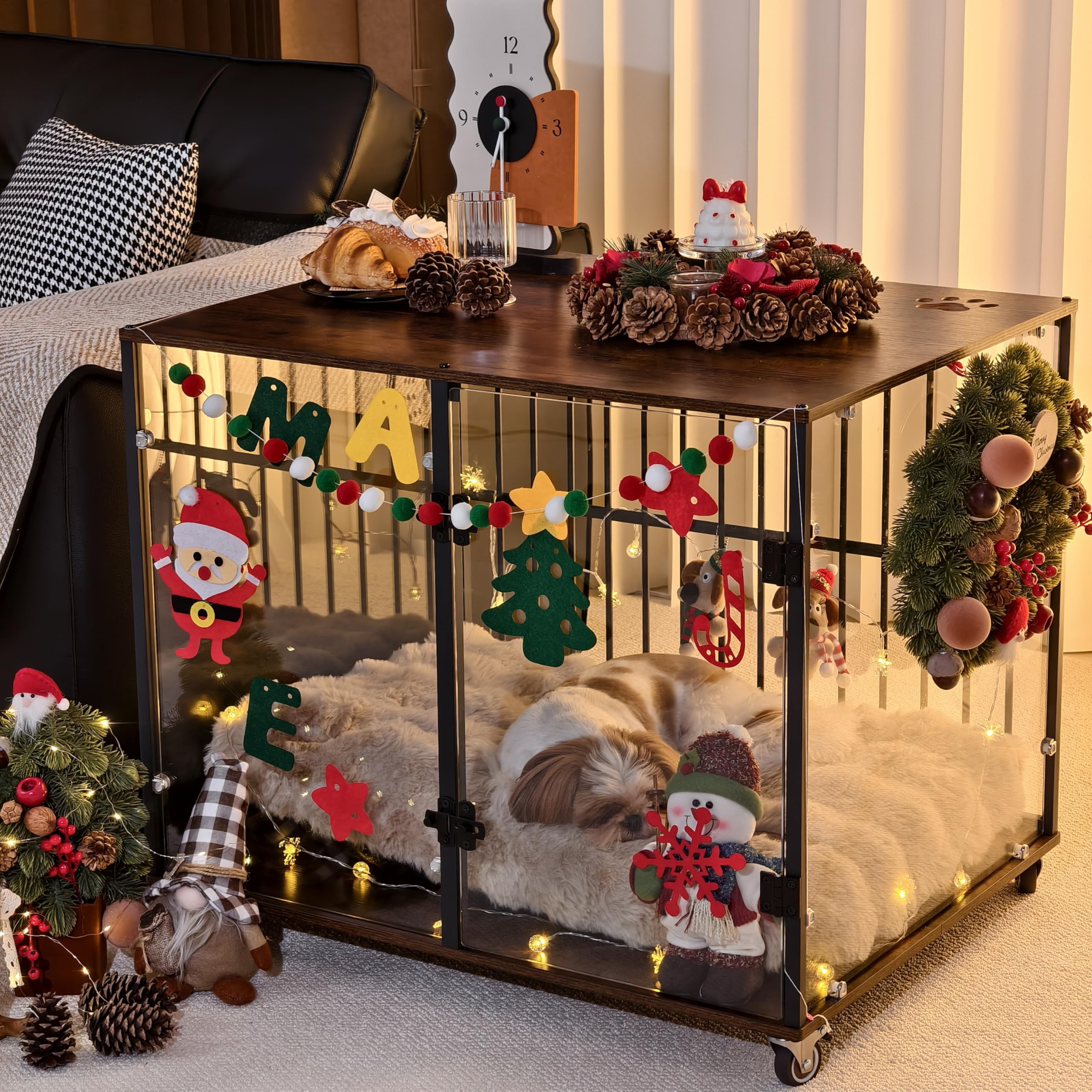 Bingopaw Jaula para Perros Mediano Mueble 77x60x65cm Jaula Perros Transparente de Vidrio Templado Resistente a Las Mordidas y Duradera con Hierro Fuerte Anticorrosivo y Superficie de Mesa