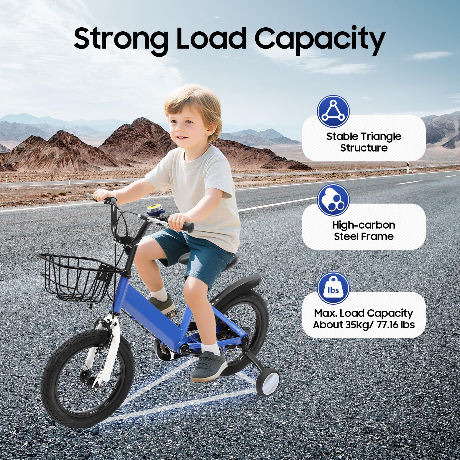 Vélo enfant 14 pouces pour garçons et filles à partir de 3 à 7 ans, vélo amélioré avec roues stabilisatrices et panier, hauteur réglable, pour garçons et filles, bleu