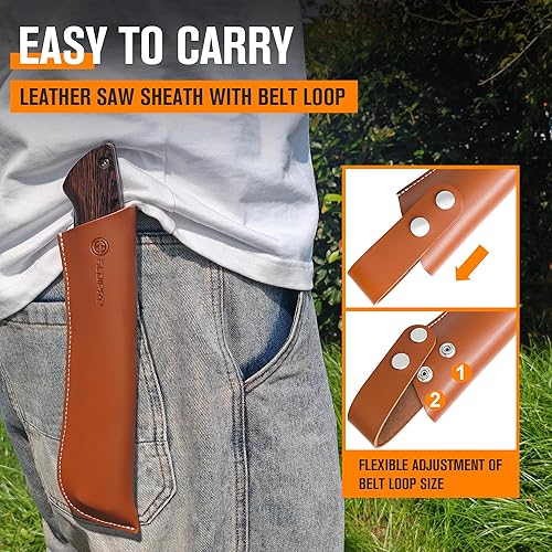 Vista 15 de Sierra de podar plegable de 7 pulgadas con funda de cuero y mango de madera de wengué, hoja de acero SK5, sierra de mano plegable para campamento