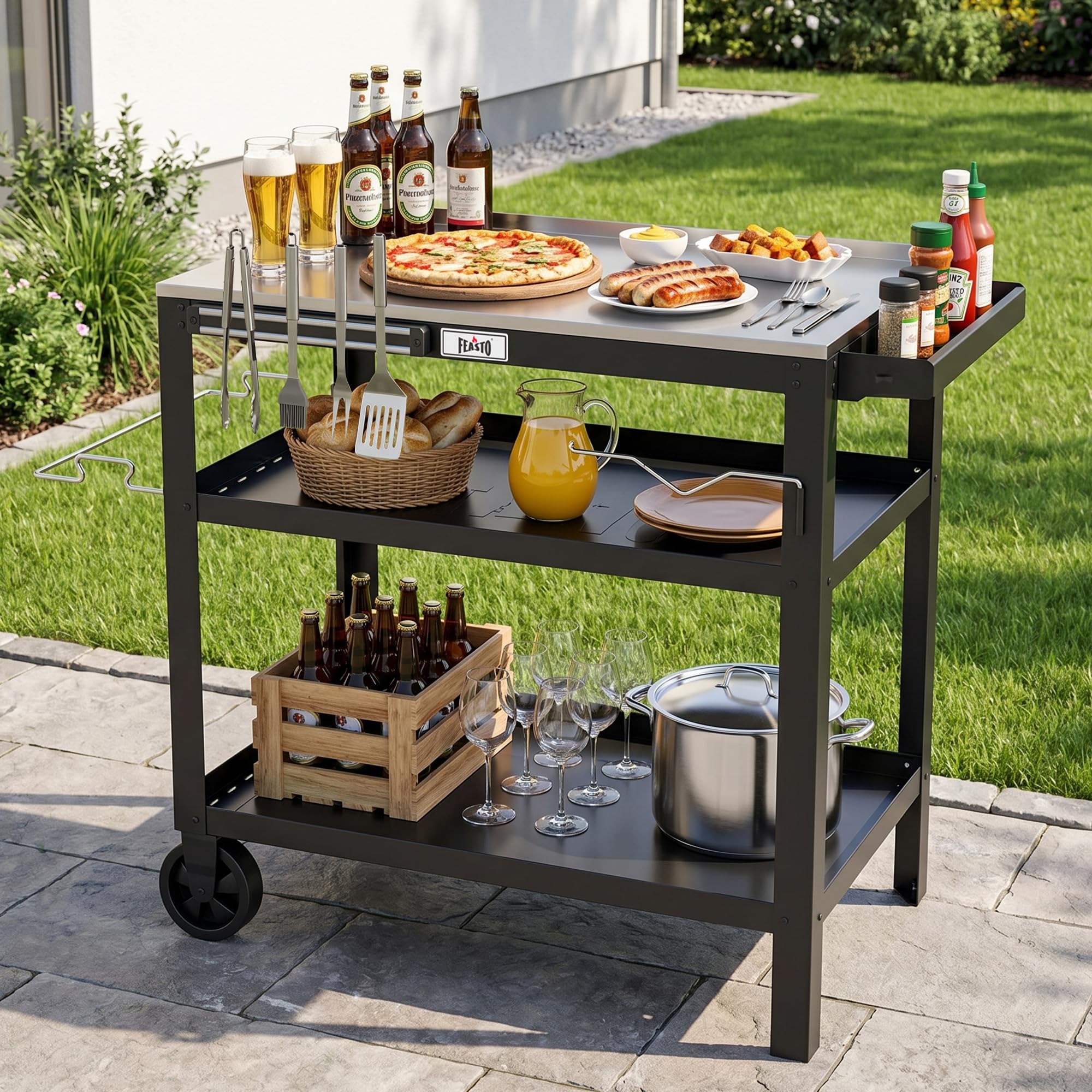 Feasto Grillwagen Outdoor Grilltisch Outdoor Servierwagen Pizzatisch | 90x46x82,5 cm Outdoor Grill Trolley mit Edelstahlplatte, Gewürzregal, Magnetleiste, für Hinterhof, Garten, Terrasse