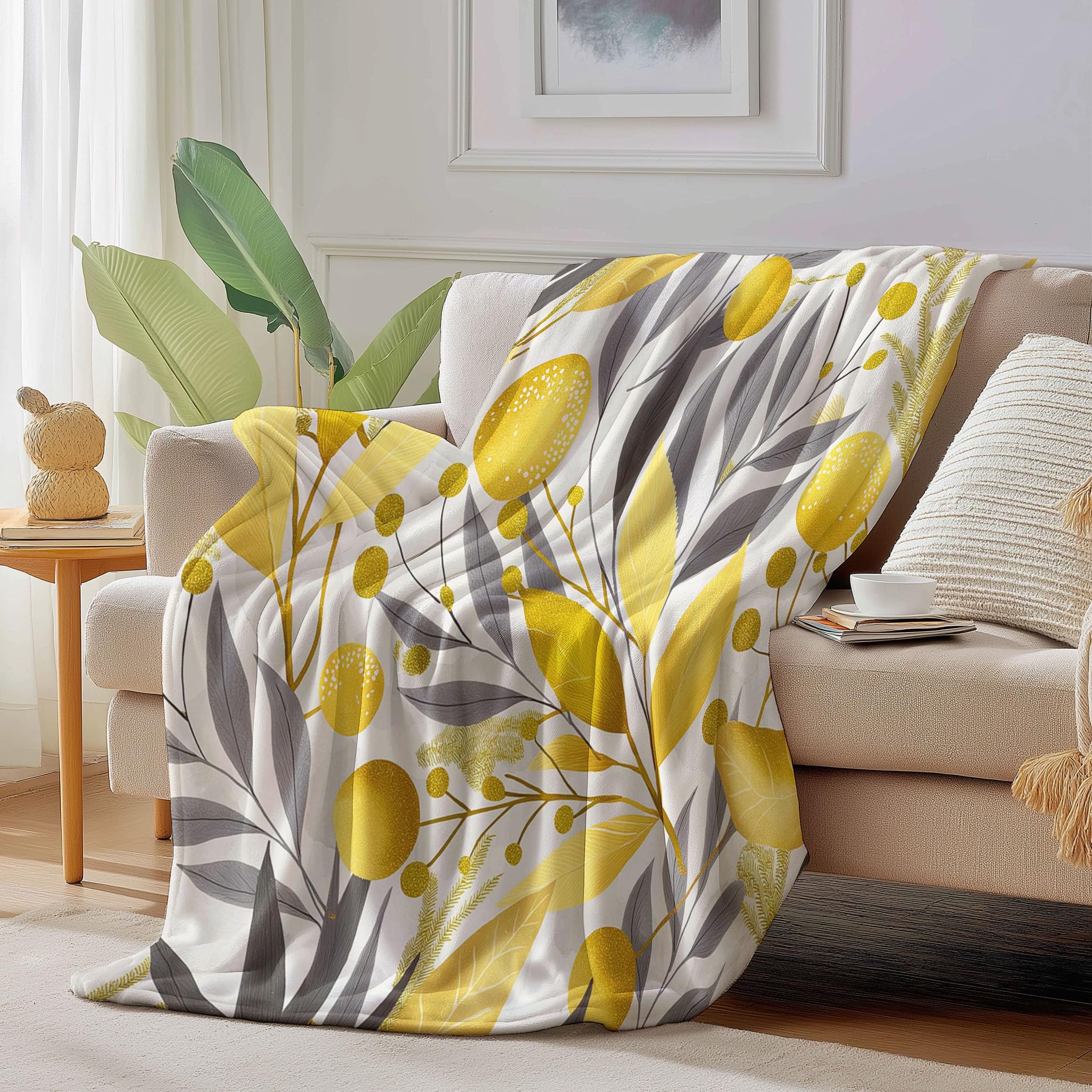 Couverture Jeté de Canapé Or Motif Feuilles pour Soirées Cocooning au Salon