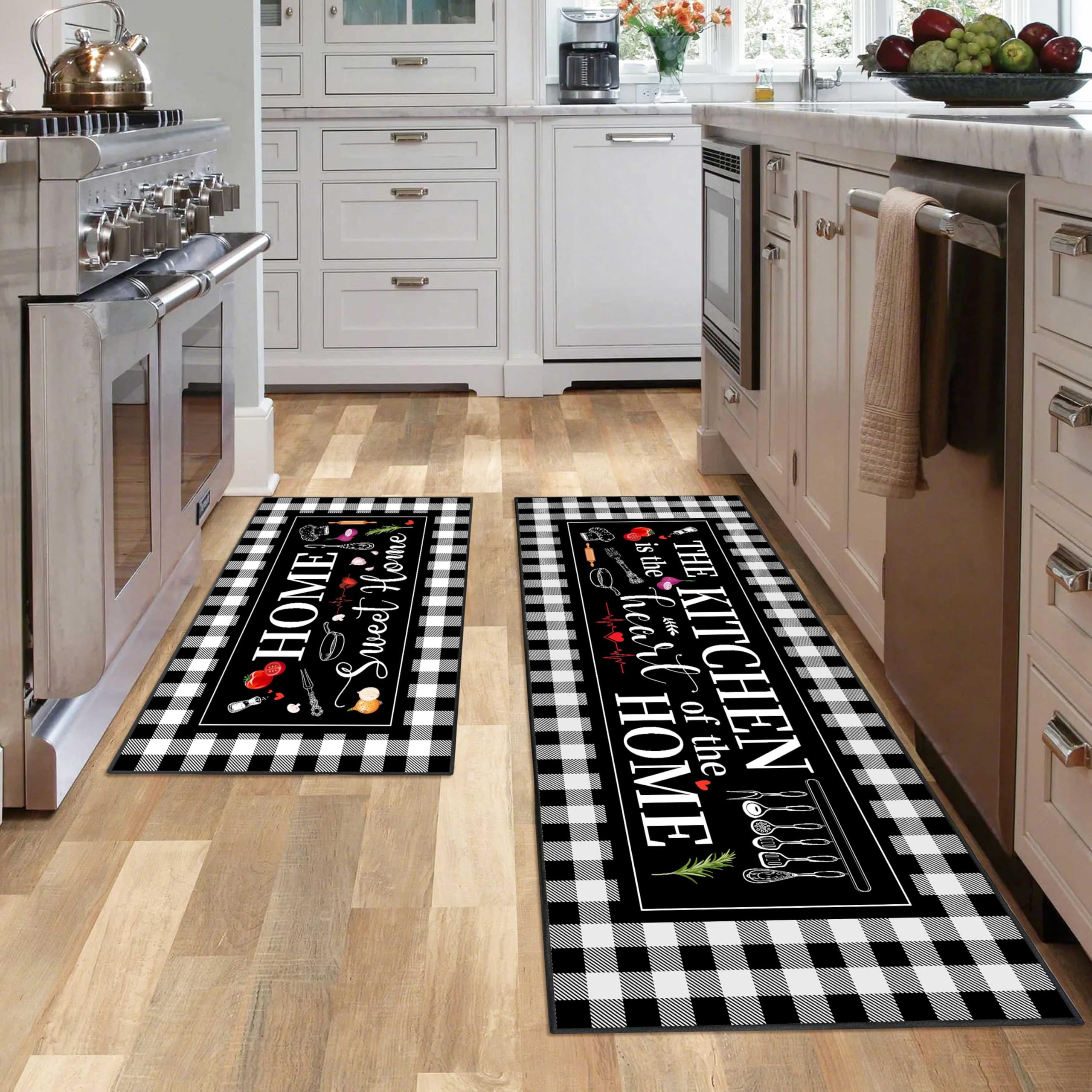 JWXCBIM Black and White Buffalo Plaid Kitchen Rug Set of 2