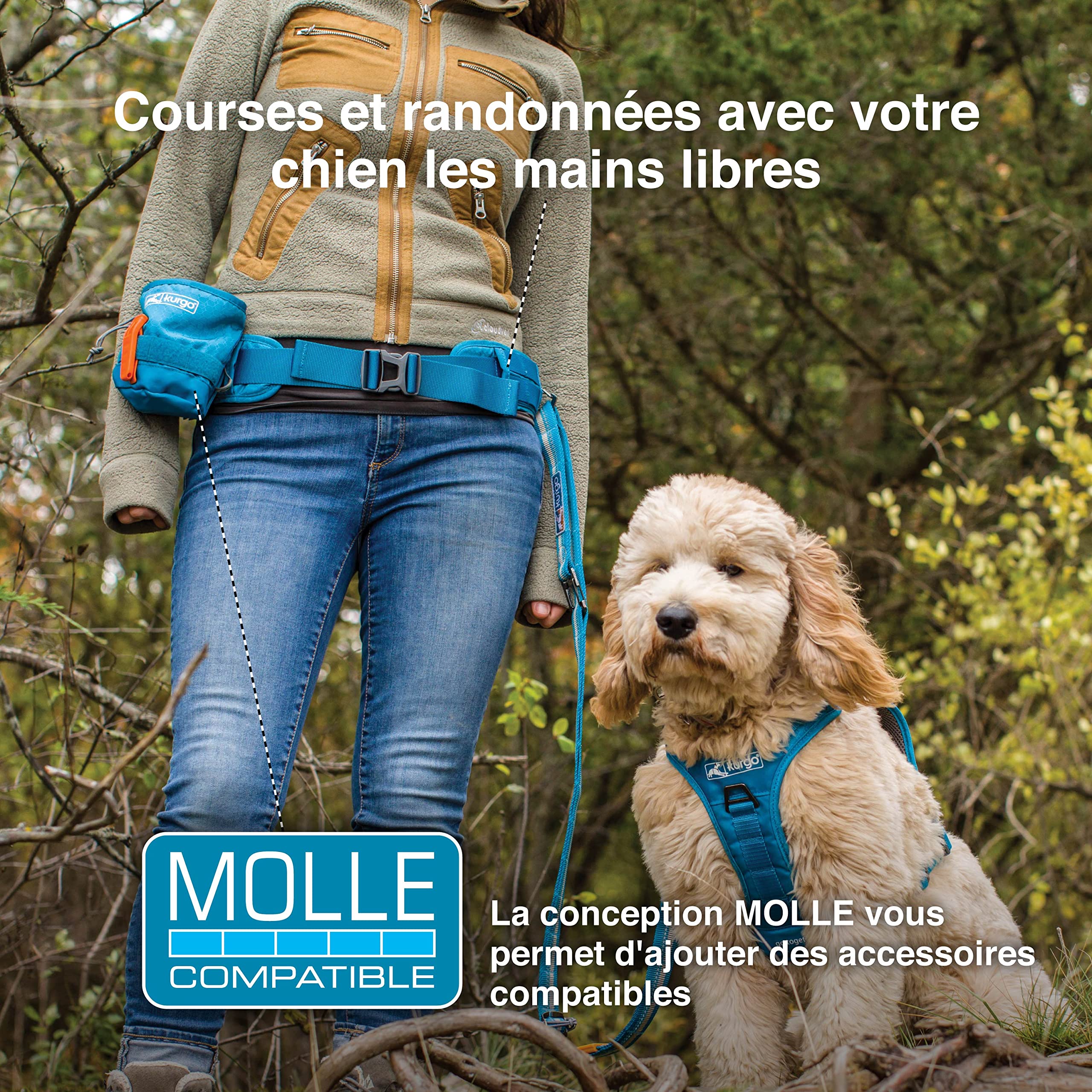 Kurgo Ceinture Ventrale RSG, Ceinture de Course ou Promenade Mains Libres Canicross, réglable, Bande réfléchissante, Compatible Molle, Bleue