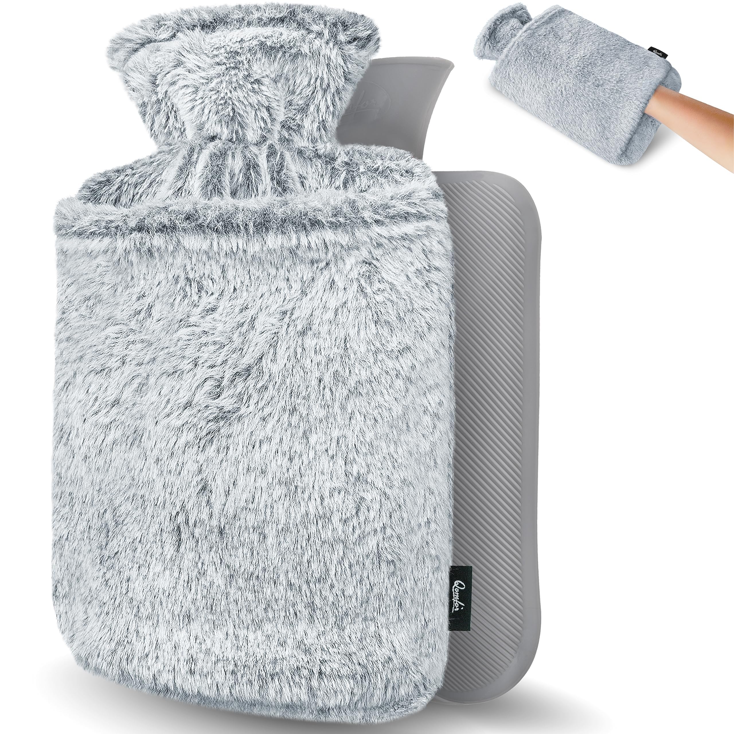 Qomfor Bolsa de Agua Caliente 1,8L - Botella de Agua Caliente con Funda de Felpa Premium Suave - Bolsa Agua Caliente para el alivio del dolor y para noches acogedoras (Gris Claro)