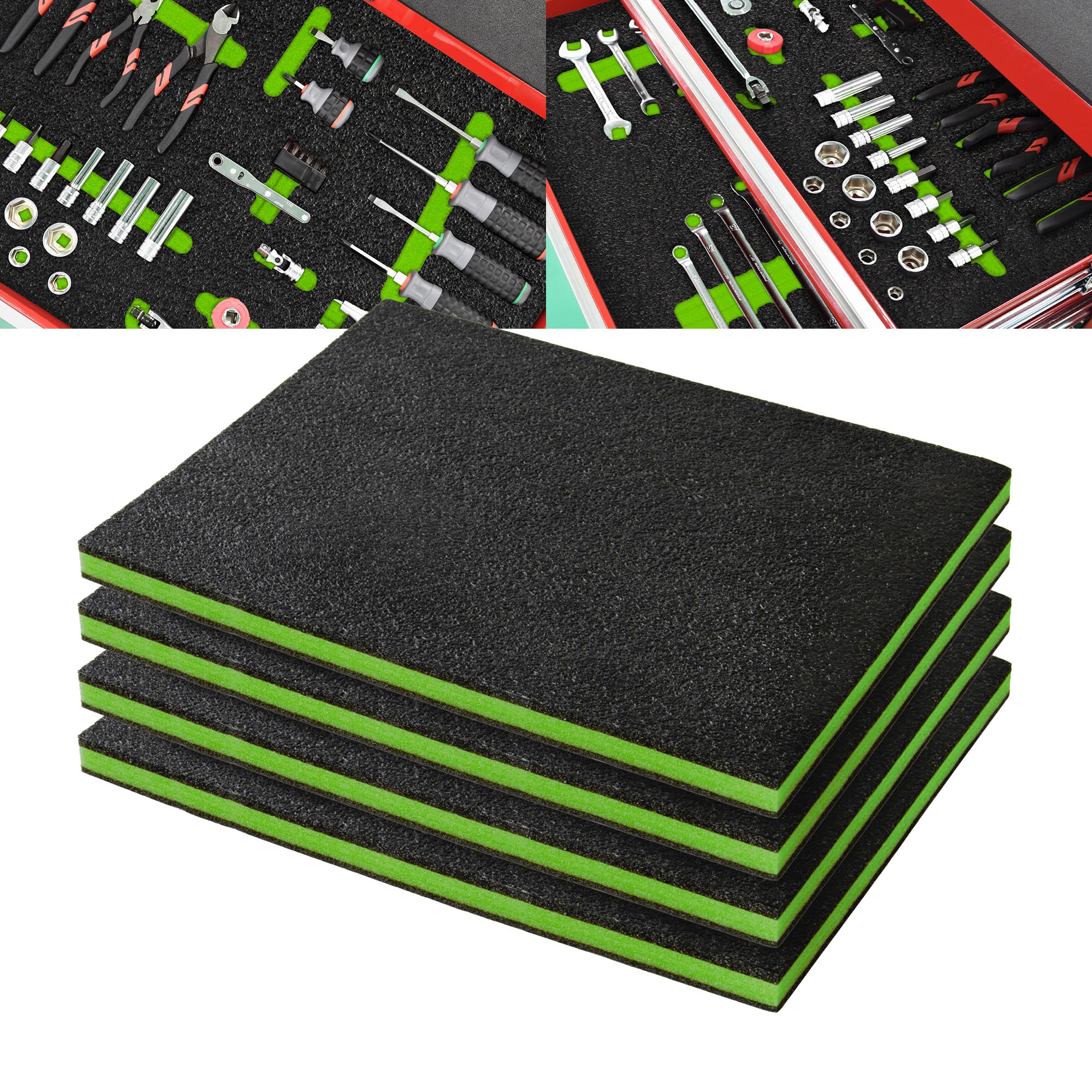Precision Defined Mousse pour Boîte à Outils - Inserts en Mousse pour Étuis, Mouss Shadow, Mouss pour Outils, Mousses en Polyéthylène - Noir/Vert (40,6 x 30,4 x 2,54 cm, Lot de 4)