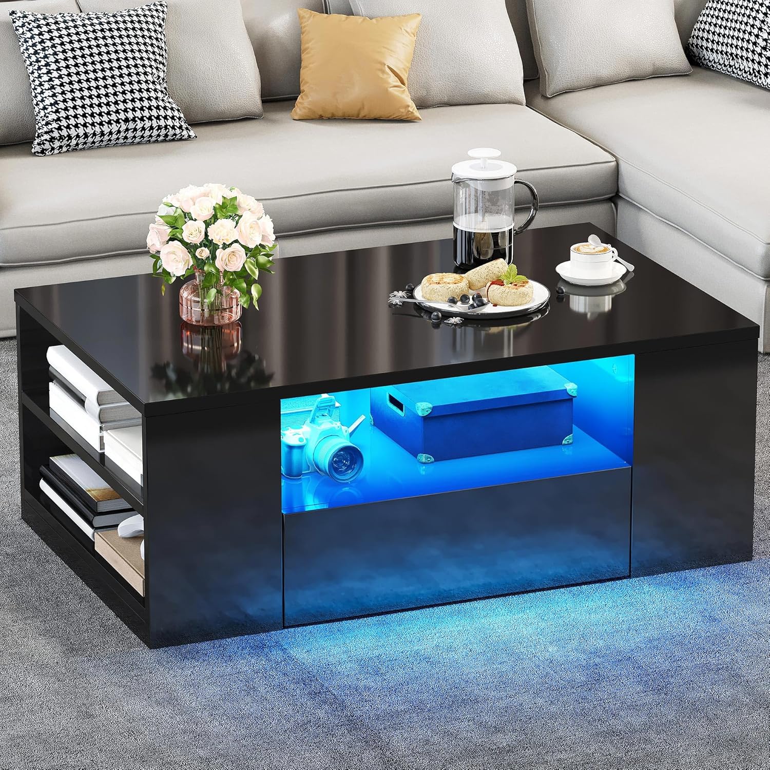 YITAHOME Modern LED Coffee Tables for Living Room, High Glossy Coffee Table with Storage 2 Drawers and Open Book Shelfs, Black Minimalist Coffee Table Small Wood Center Table Home Decor, Black