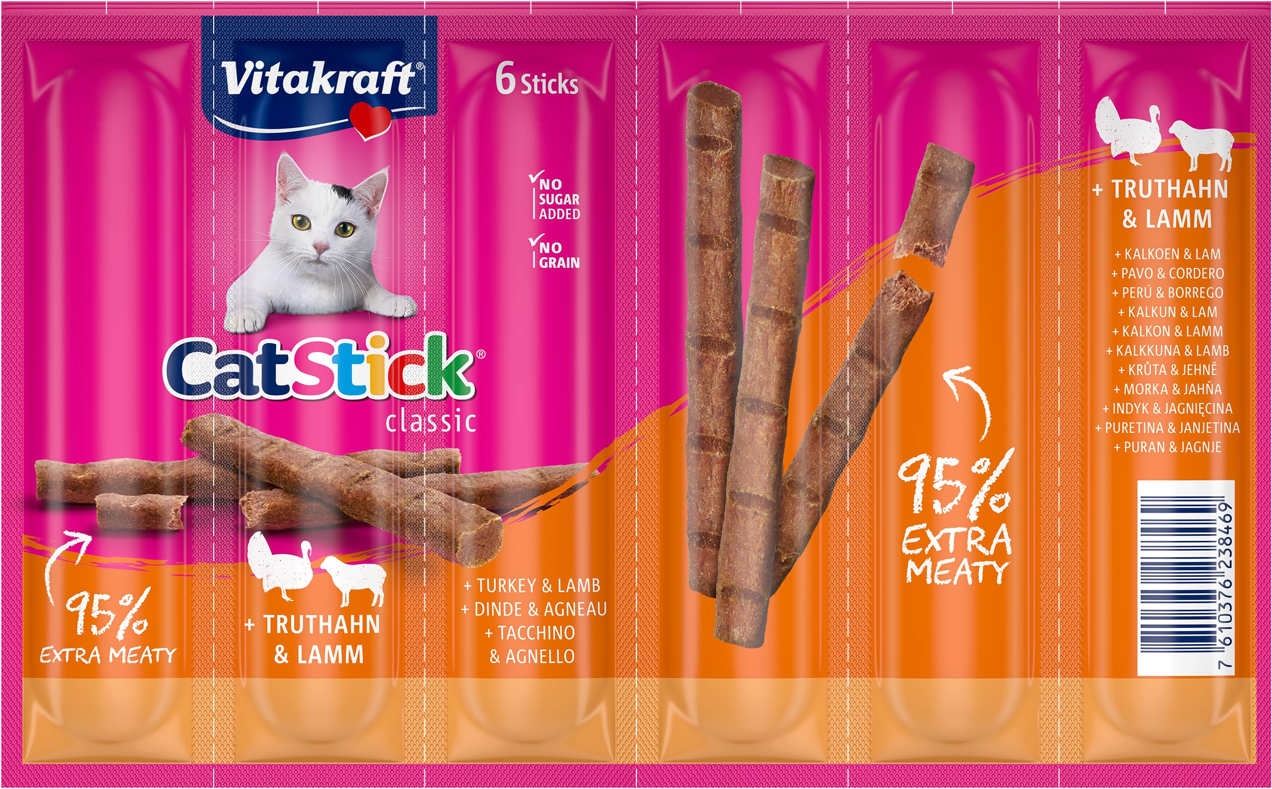 Vitakraft Cat Stick Classic, Katzensnack, fleischige Mini-Sticks, mit Truthahn und Lamm, ohne Zuckerzusatz (1x 6 Stück)