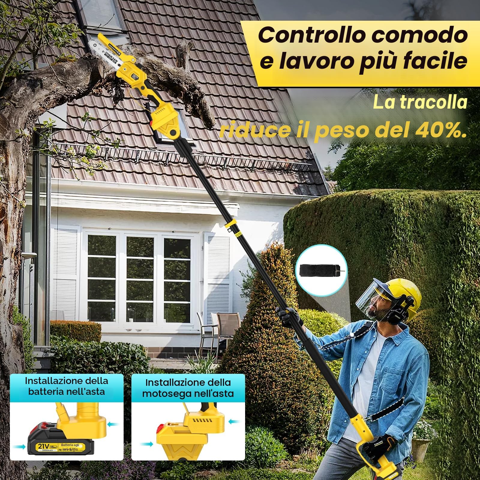 2-in-1 Mini Motosega a Batteria con Asta 2.2m Telescopica, 6 Pollici Motosega Telescopica Senza Spazzole con 2x2000mAh Batterie, Altezza Di Lavoro 5m, per Aziende Agricole, Frutteti, Giardini