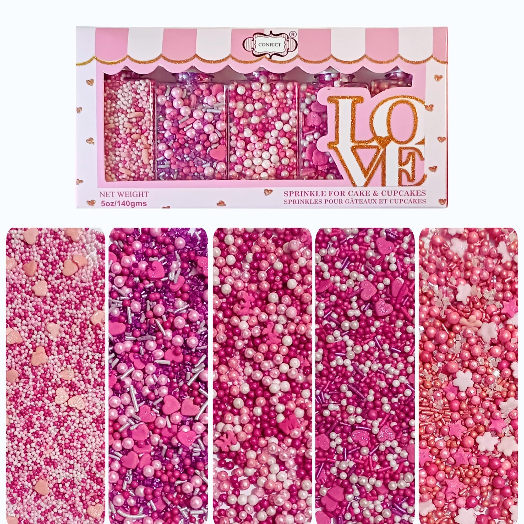 Confect Pretty in Pink & White Pearl Sprinkles Mix – Edible Heart & Star Sprinkles for Cakes, Cupcakes, Cookies – Birthday & Baking Decorations | Vegan, Gluten-Free, Nut-Free, Soy-Free, Dairy-Free, Palm Oil-Free- 140 Gms