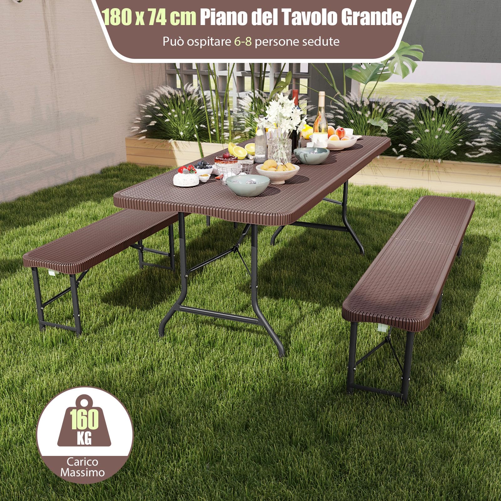 COSTWAY Tavolo da Picnic Pieghevole 180 cm, Tavolo Portatile in HDPE, per Giardino Campeggio Festa, Portata 160 kg (Tavolo)