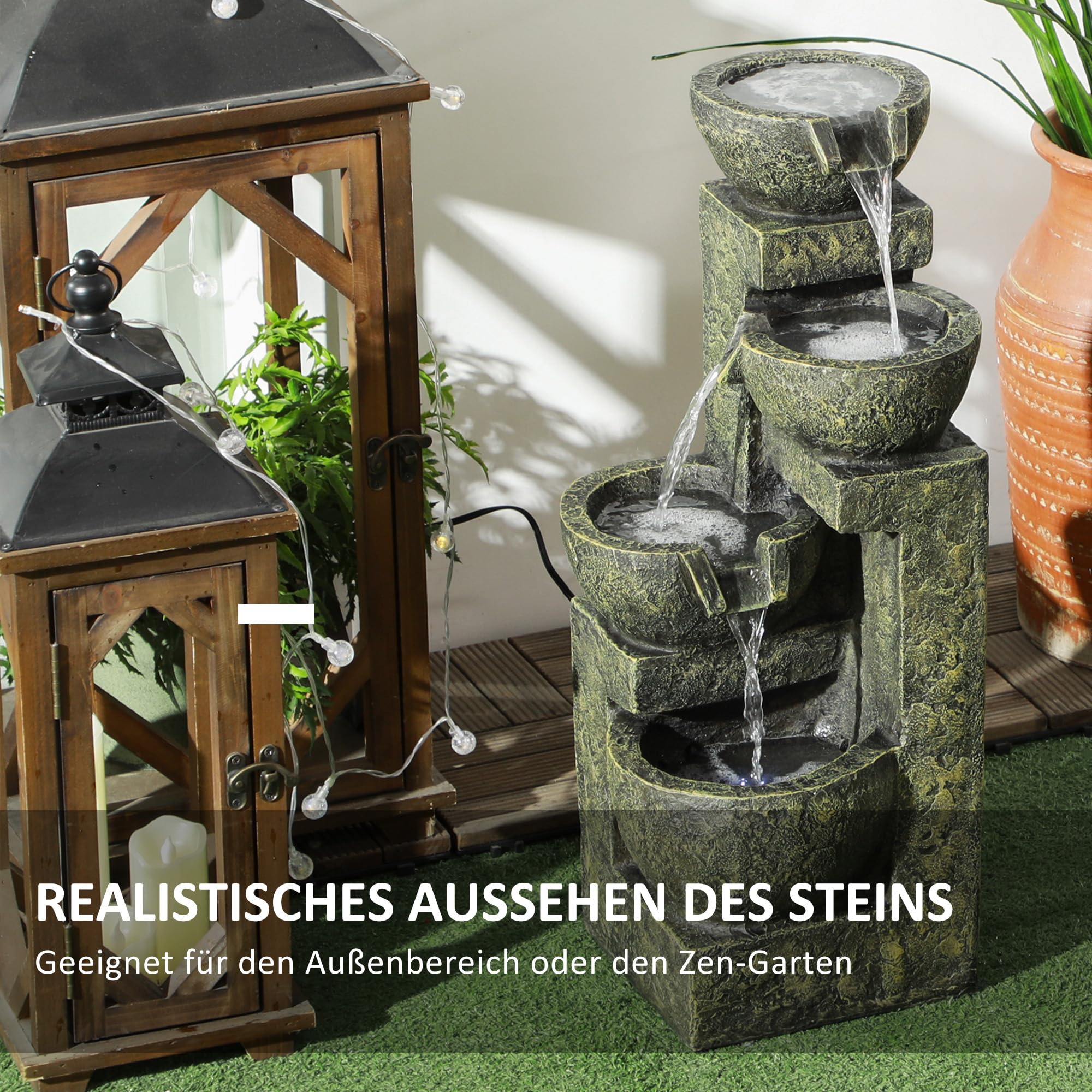 Outsunny Gartenbrunnen, Springbrunnen mit Einstellbarer Strömung, 4 Stufen Zierbrunnen, Wasserspiel, Wasserfall für Garten, Gartenteich, Terrasse, Kunstharz