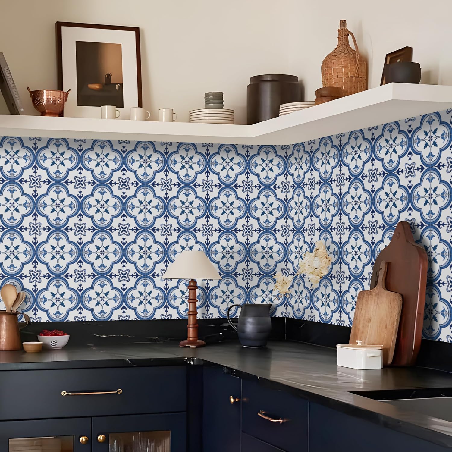Alwayspon Tile Sticker, Blue and White Self Adhesive Stick on Floor Tiles Transfer for Bathroom Kitchen, Splashback, Peel and Stick Vinyl Flooring Tiles Sticker, 12PcsX15cm/6inch