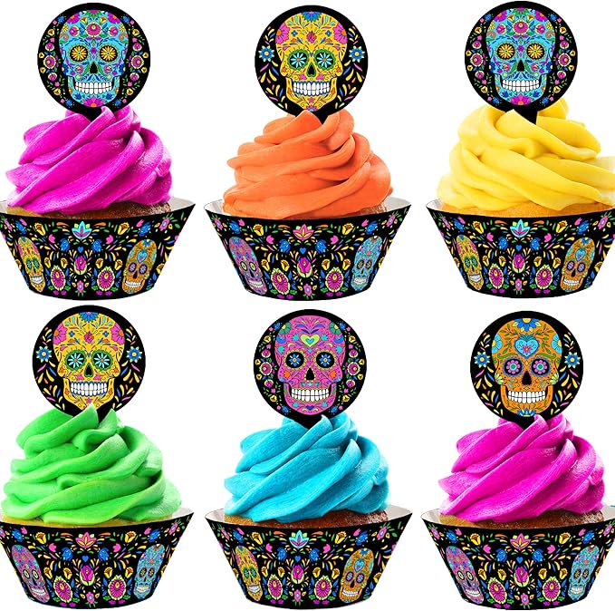 Sugar Skull Cupcake Toppers and Wrappers - 48 Pieces Total - 24 Toppers and 24 Wrappers - Day of the Dead Party Supplies - Halloween Party Supplies - Halloween Party Decorations - cupcake