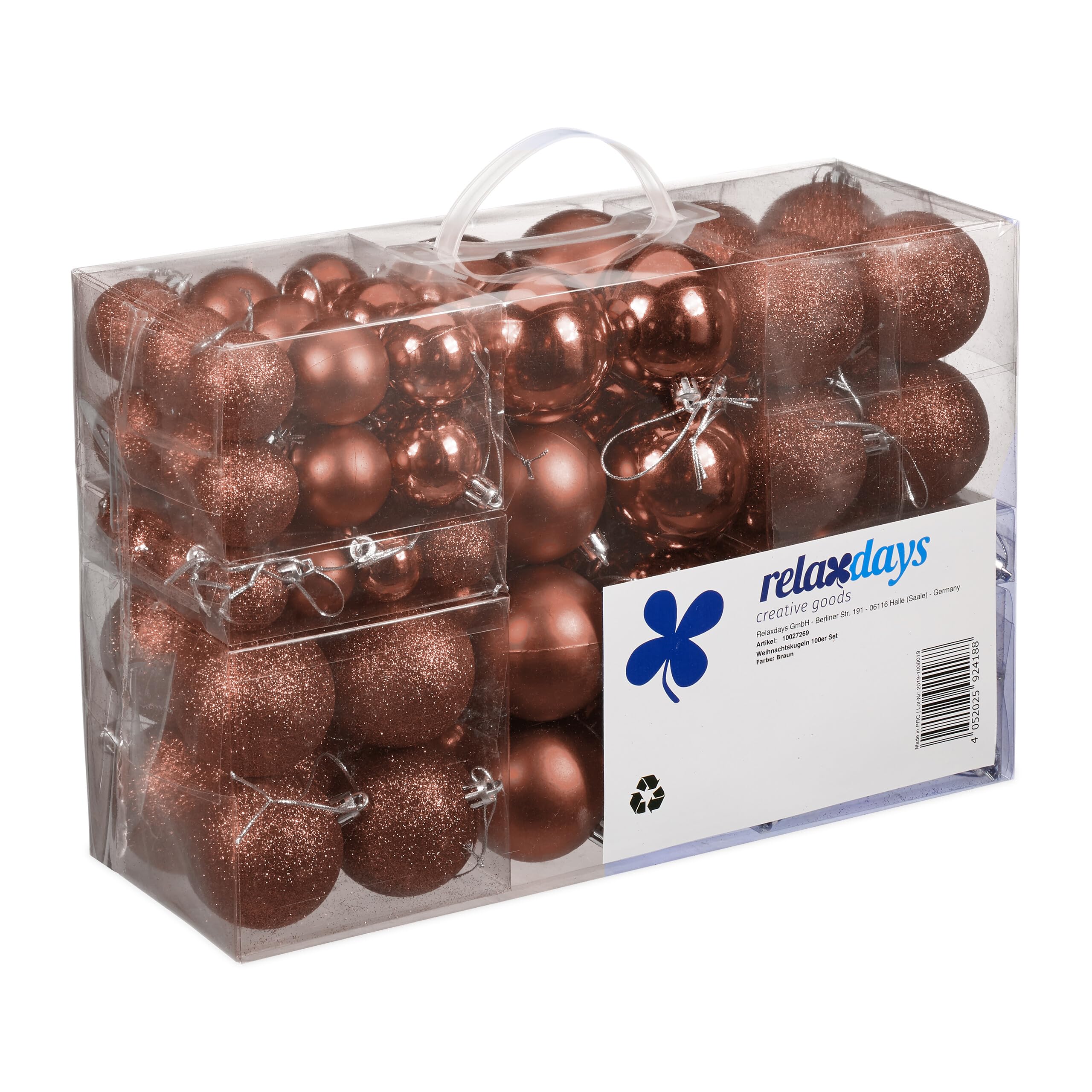 Relaxdays Weihnachtskugeln 100er Set – braun, matt/glänzend/glitzernd, Ø 3, 4 & 6 cm, inkl. Aufbewahrungsbox
