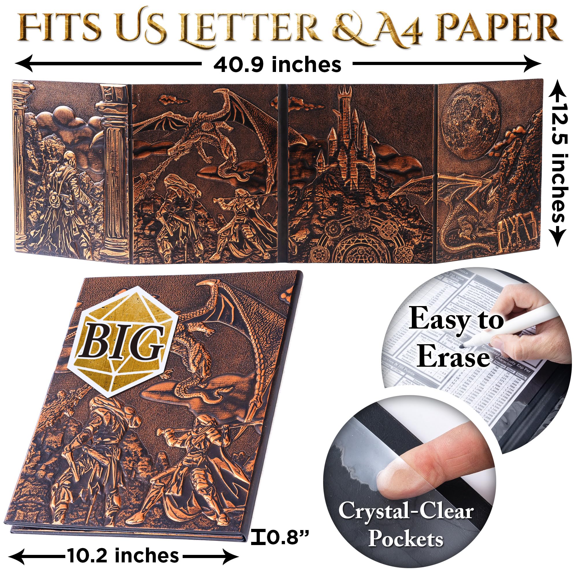 Écran DM pour DND avec 4 panneaux plus larges – Superbe scène de bataille panoramique et poches transparentes Game Master GM – Écran donjon Master en cuir synthétique gaufré 3D pour D&D, RPG (convient