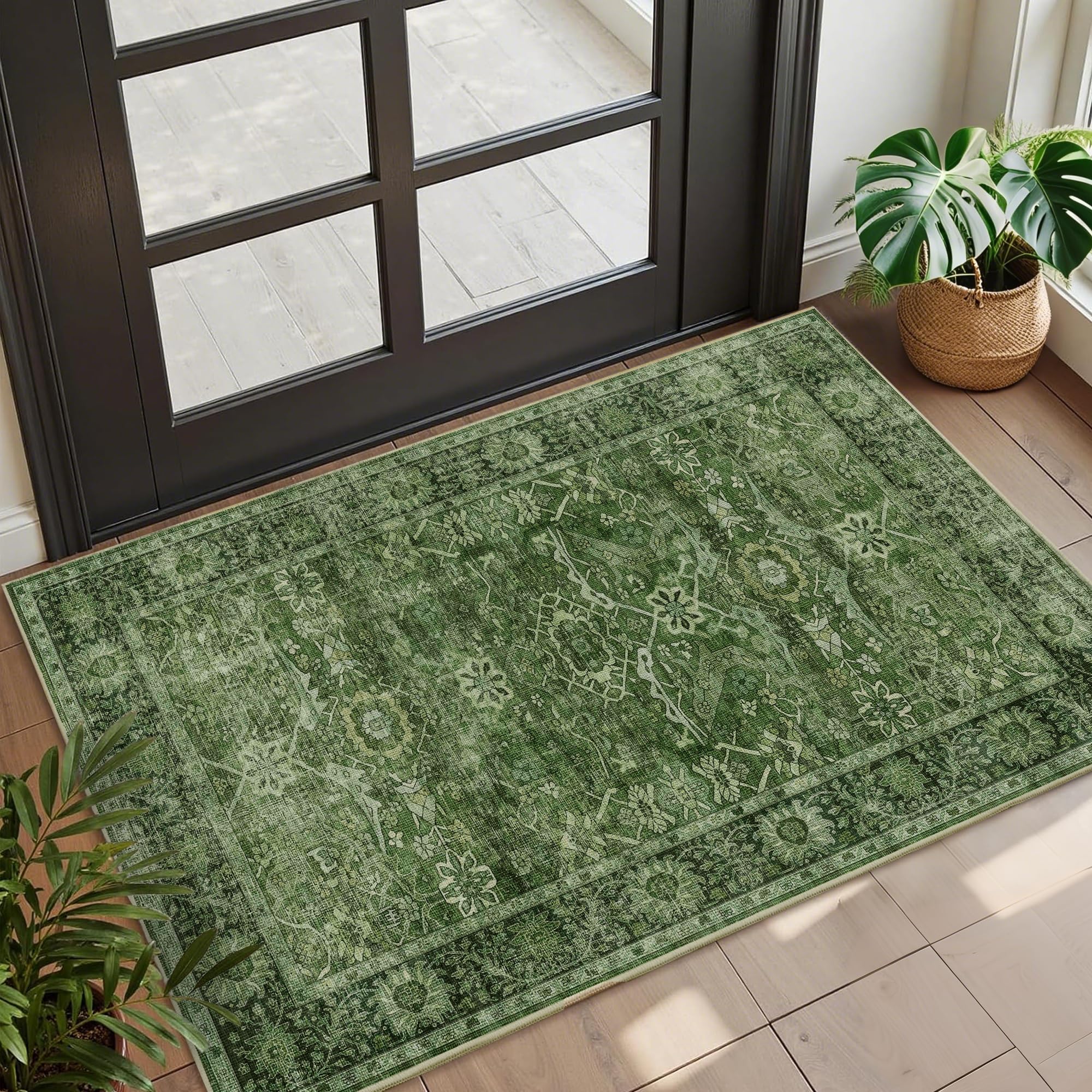 Photo 1 of 2x3 Entryway Rug Green Washable Vintage Rugs for Entryway Kitchen Low Pile Non-Slip Door Mat Traditional Distressed Small Throw Area Rugs for Kitchen Entrance Bathroom Green