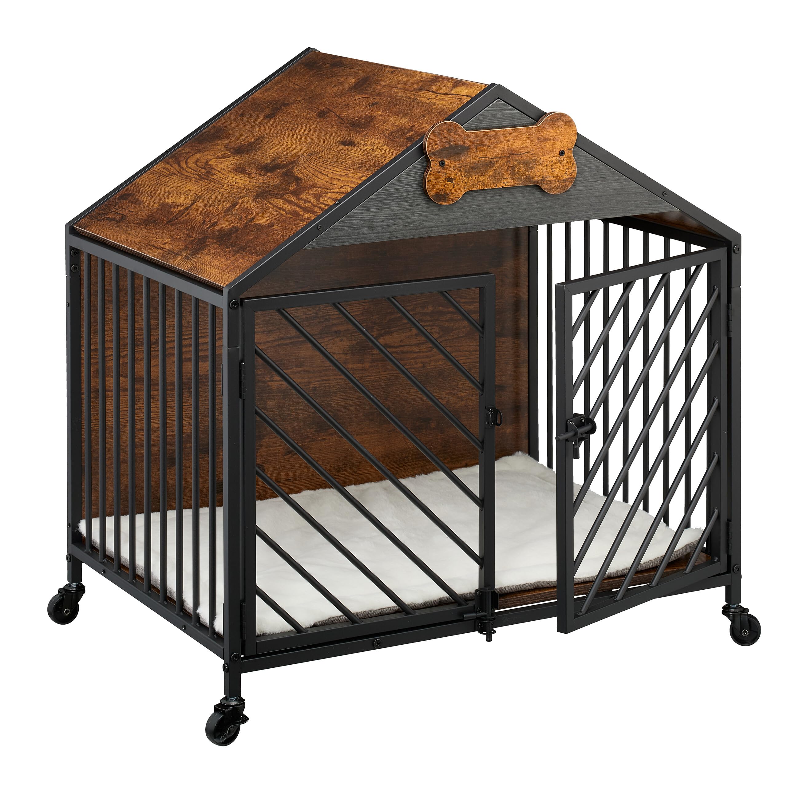 Relaxdays Dog Cage, Indoor Kennel Furniture, 73 x 70 x 53 cm, with Sign and Wheels, MDF and Steel, Brown and Black