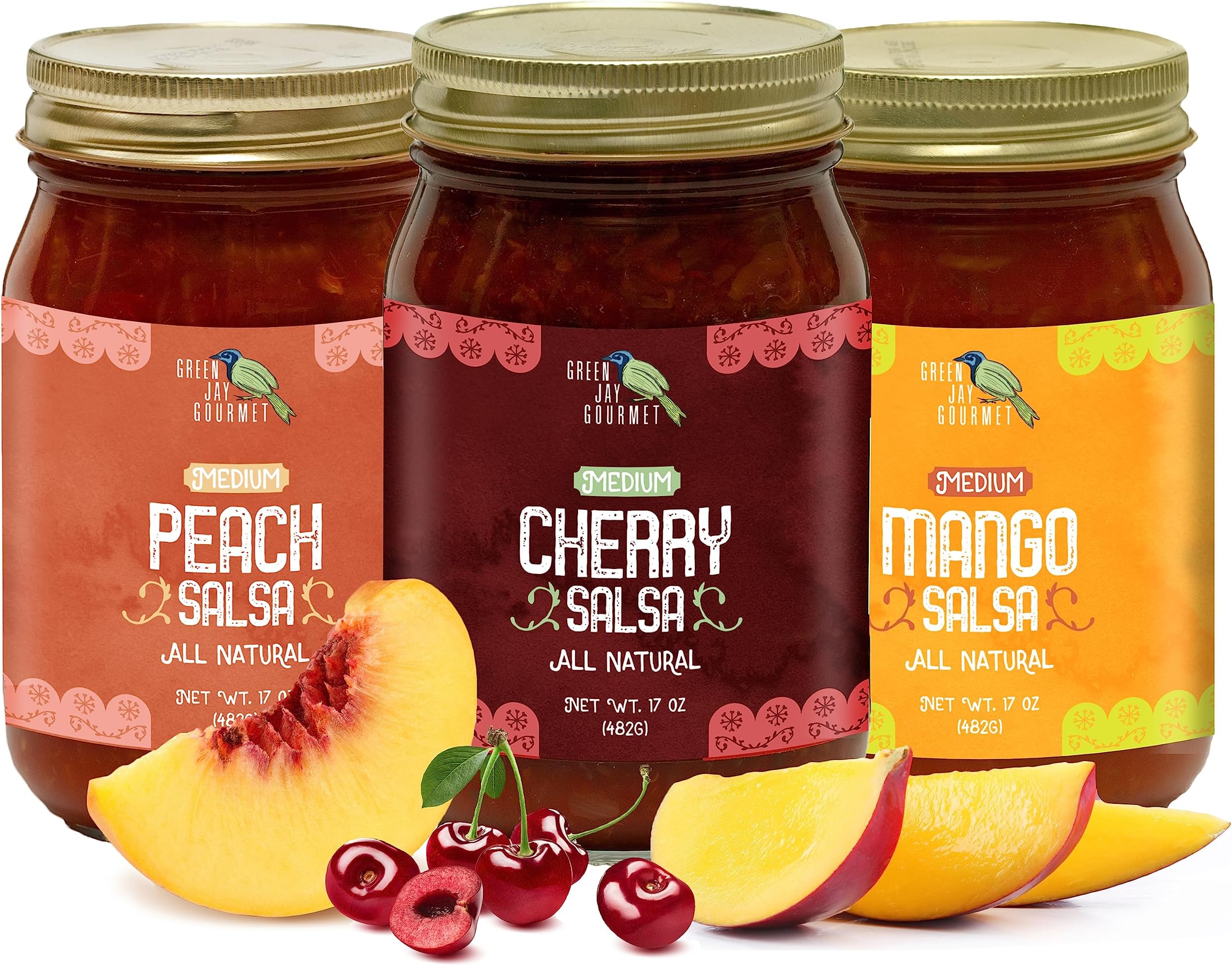 Fruity Favorites Salsa Variety Pack - Cherry Salsa, Peach Salsa, Mango Salsa - Fruit Salsa Gift Set - Medium Heat Picante Salsa - Gluten-Free Gourmet Salsa Dip - 17 Ounces, Pack of 3