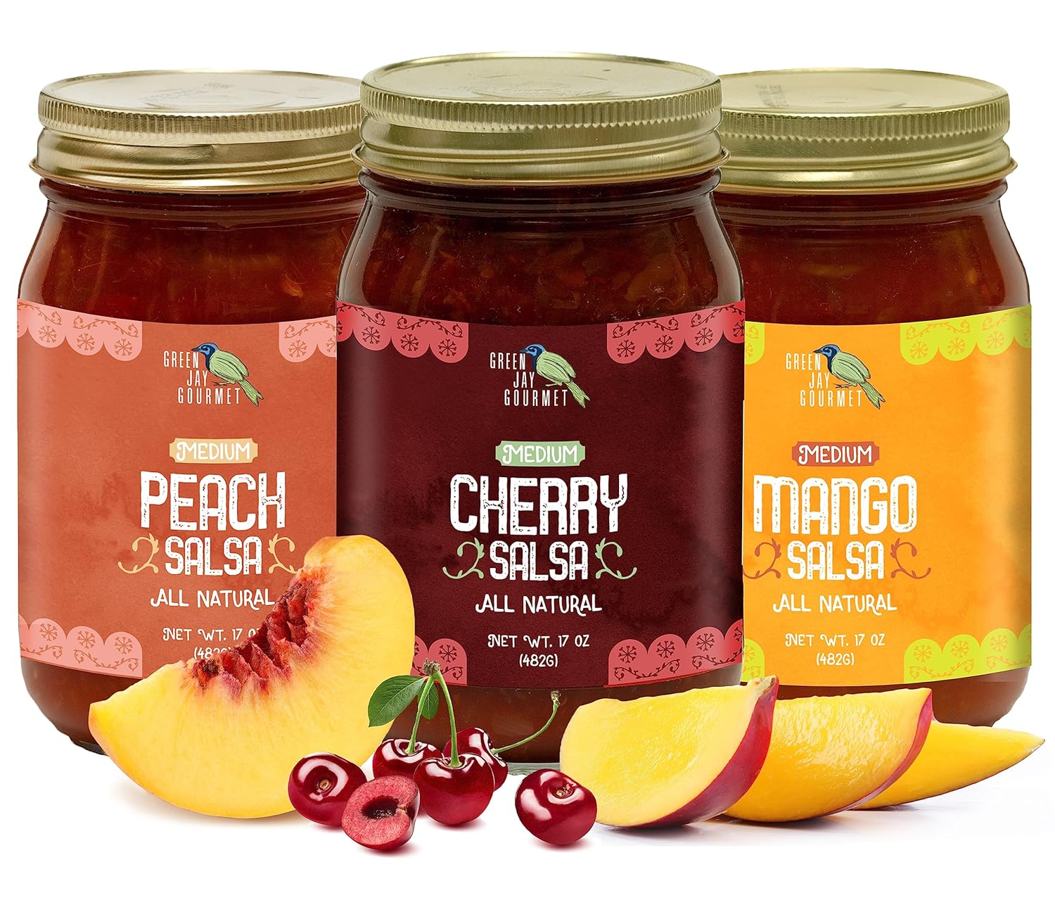 Green Jay Gourmet Fruity Favorites Salsa Variety Pack - Cherry Salsa, Peach Salsa, Mango Salsa - Fruit Salsa Gift Set - Medium Heat Picante Salsa - Gluten-Free Gourmet Salsa Dip - 17 Ounces, Pack of 3