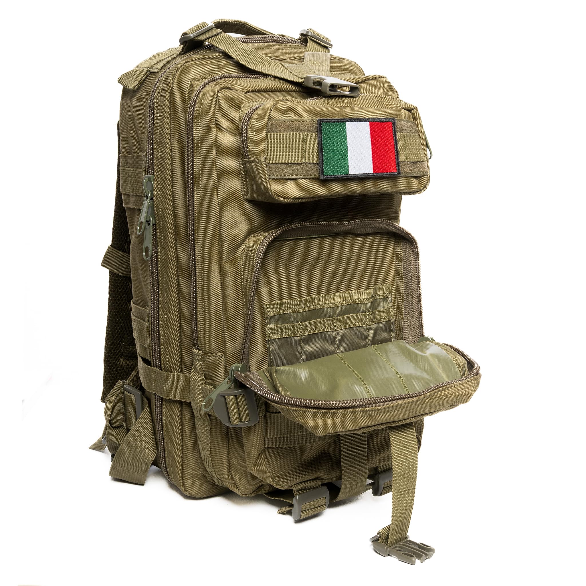 Generico Zaino Tattico Militare 30 Litri Professionale con Sistema Molle, Idrorepellente, Patch Bandiera Italiana e Torcia Tattica in Omaggio per Escursioni, Campeggio & Outdoor, cm 22X24X45