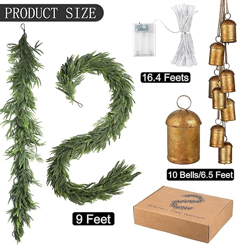 Miniatura 2 de Fovths Guirnalda de Navidad de 9 pies con luces y campanas, guirnalda de pino Norfork de tacto real, guirnaldas de vegetación artificial para mantel