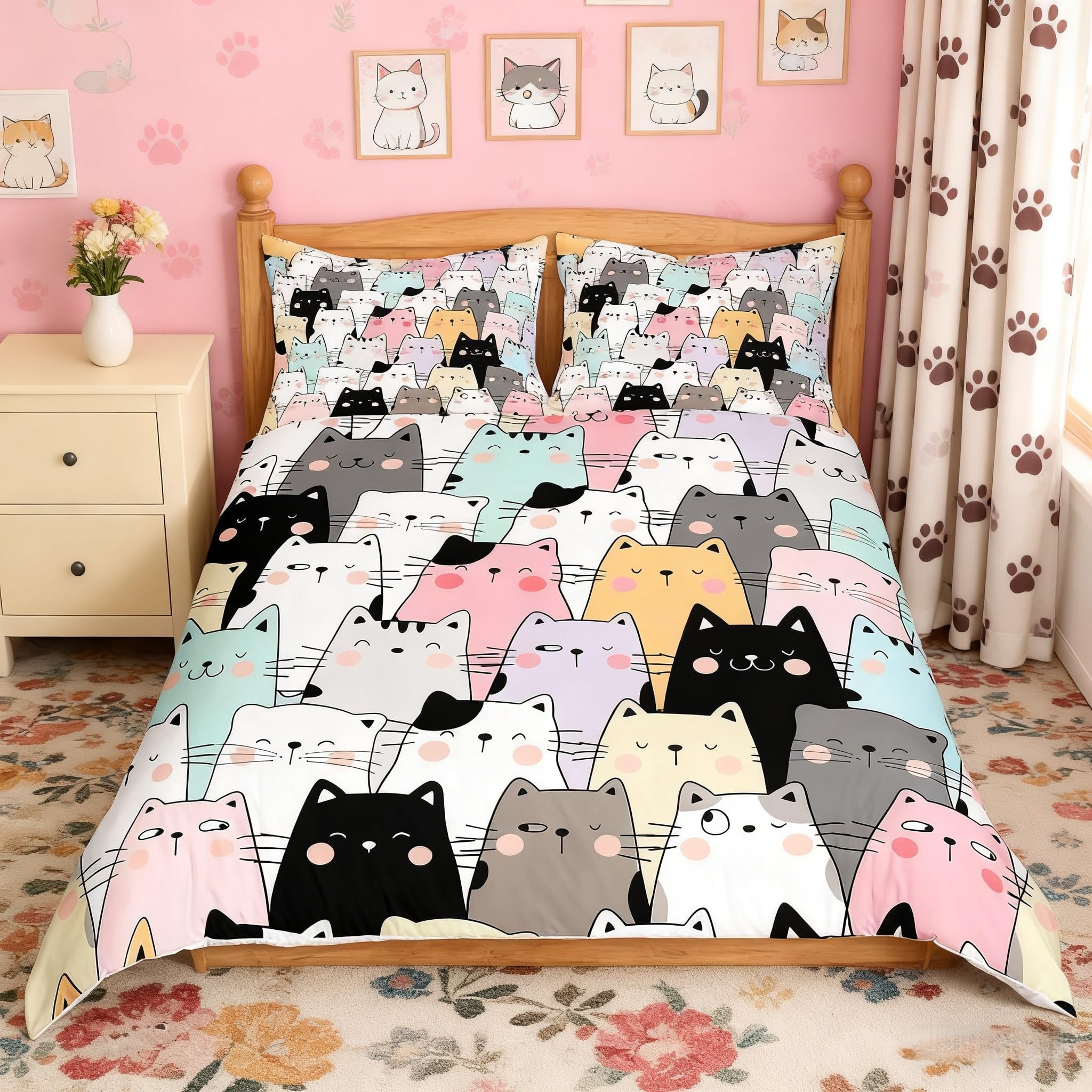 Manfei Girls Multi 34 Cartoon Cats Duvet Cover Set Double Size, Lovely Animal Print Comforter Cover With 2 Pillowcases, Cute Watercolor Cats Bedding Set 3Pcs For Kids Bedroom Decor Lightweight Bedspread Cover